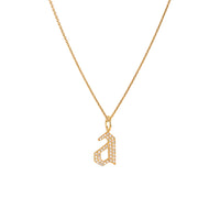 Yellow Gold "a" Small White Diamond Alphabet Necklace: A 14K gold diamond alphabet pendant with the letter 'a' with a chain