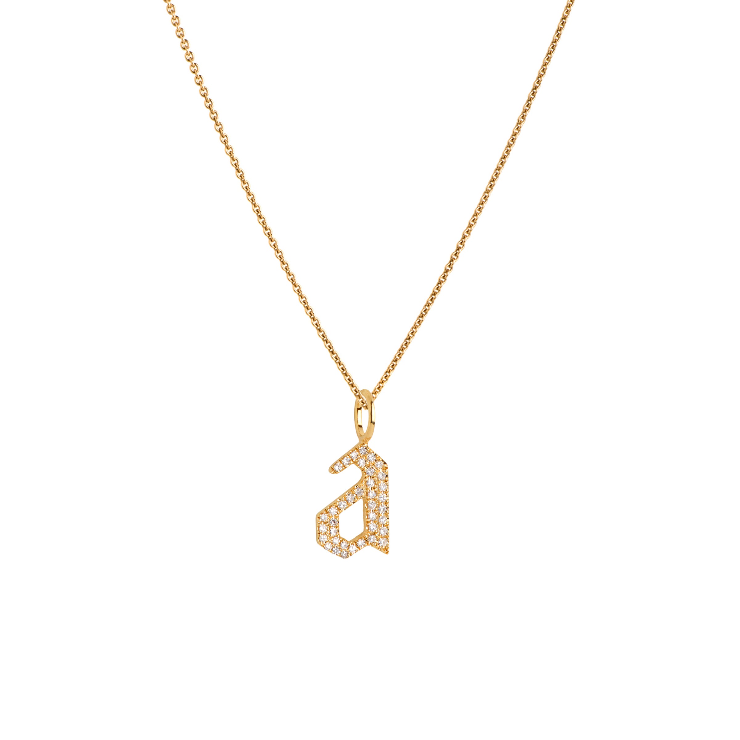 Yellow Gold "a" Small White Diamond Alphabet Necklace: A 14K gold diamond alphabet pendant with the letter 'a' with a chain