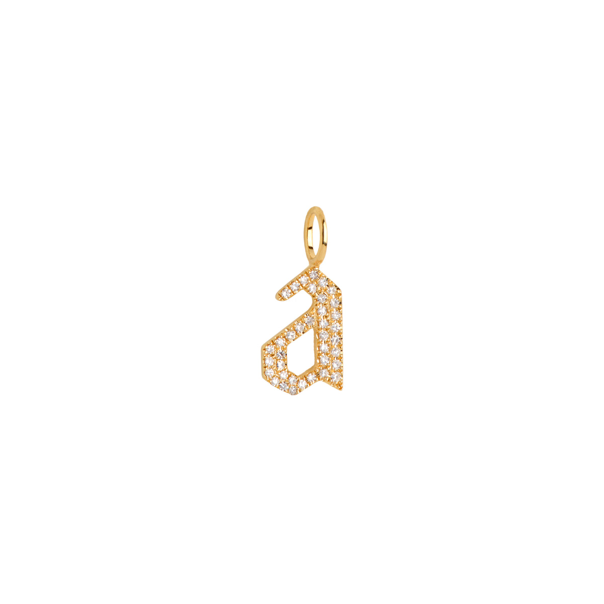 Yellow Gold "a" Small White Diamond Alphabet Pendant: A 14K gold diamond alphabet pendant with the letter 'a' 
