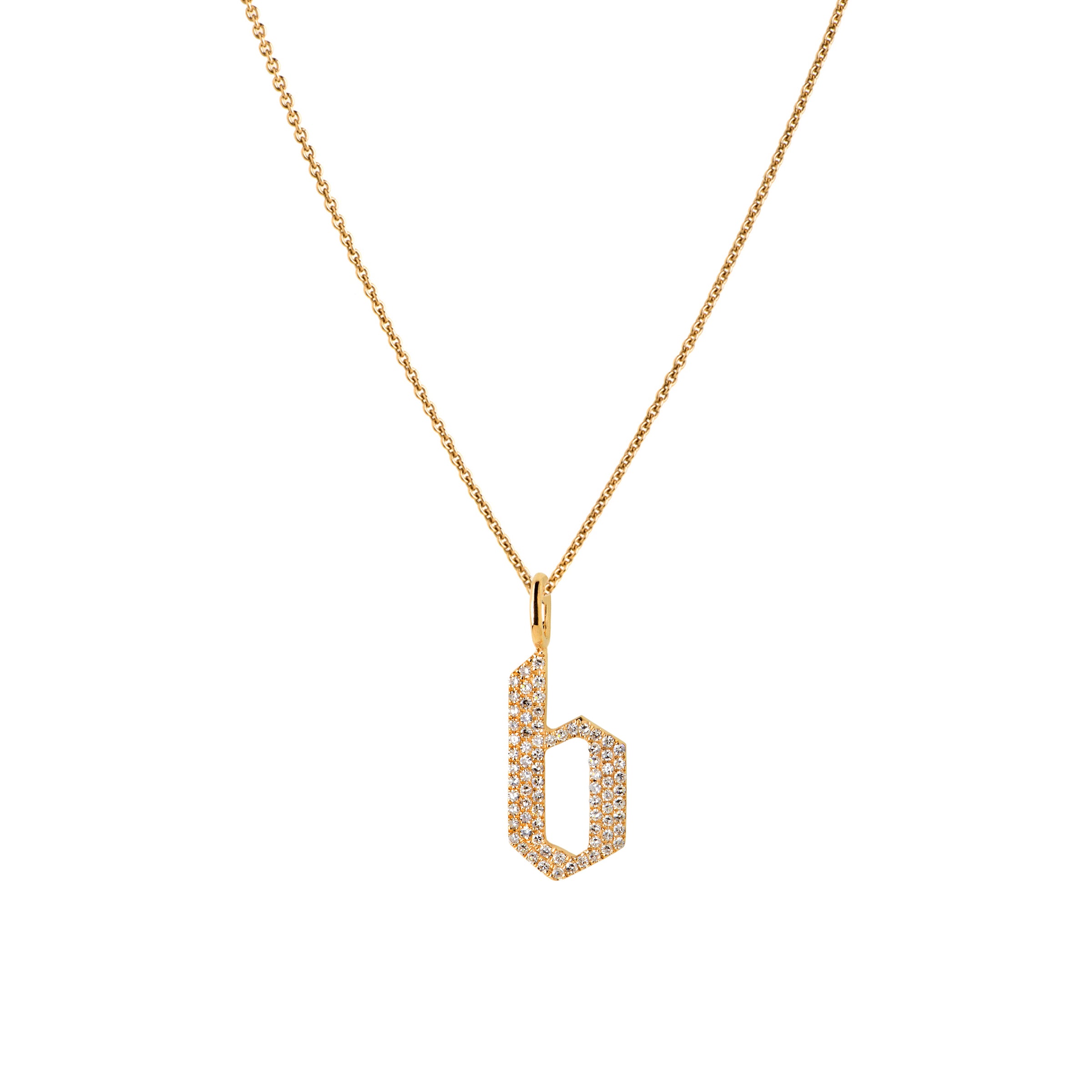 Yellow Gold "b" Small White Diamond Alphabet Necklace: A 14K gold diamond alphabet pendant with the letter 'b' with a chain