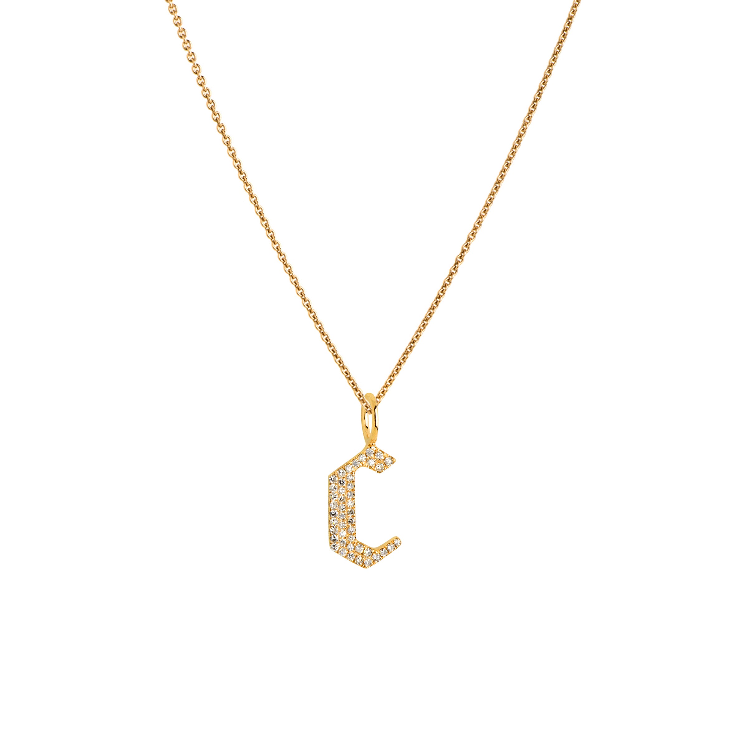 Yellow Gold "c" Small White Diamond Alphabet Necklace: A 14K gold diamond alphabet pendant with the letter 'c' with a chain