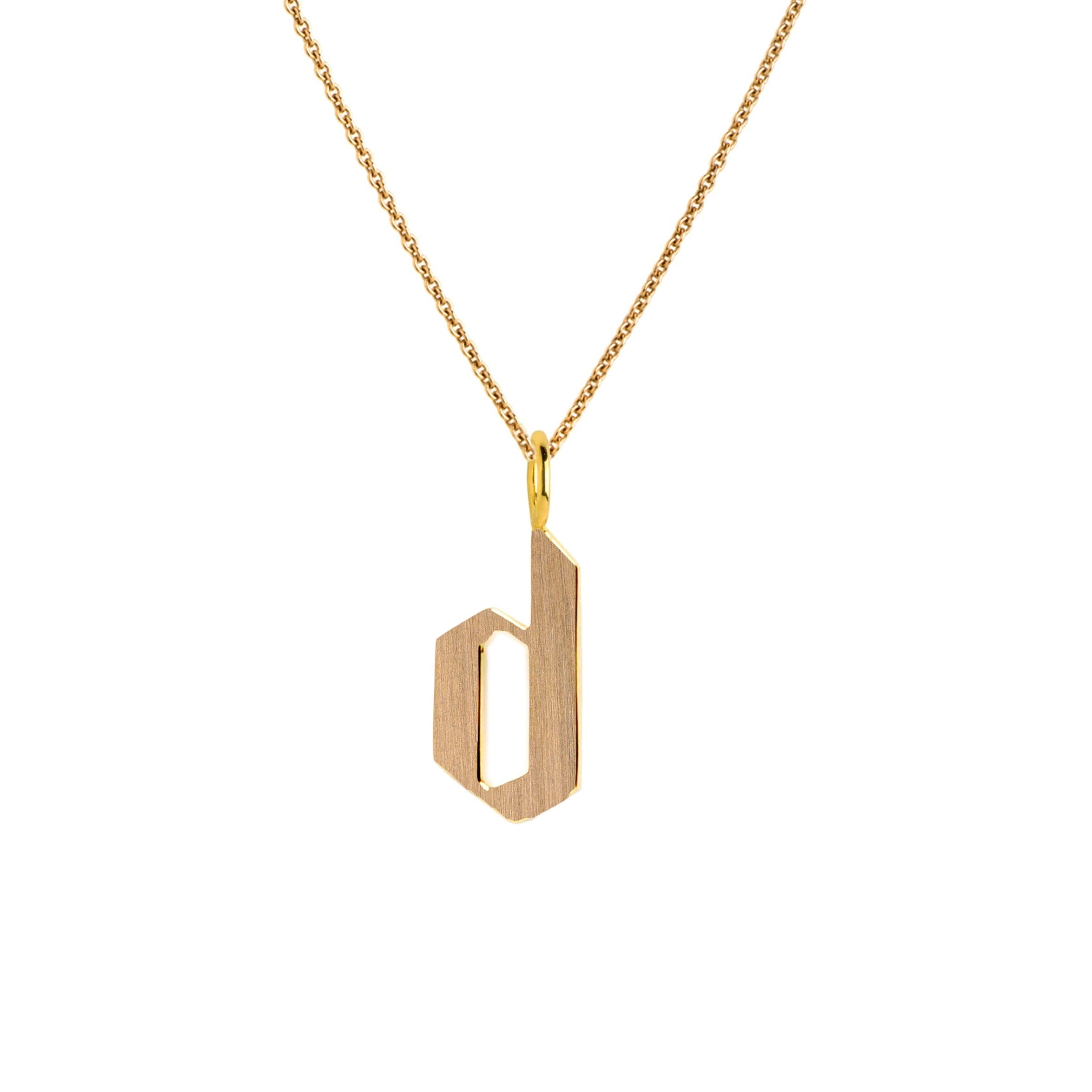 Yellow Gold "d" Small Alphabet Necklace: A 14K gold alphabet pendant with the letter 'd' with a chain