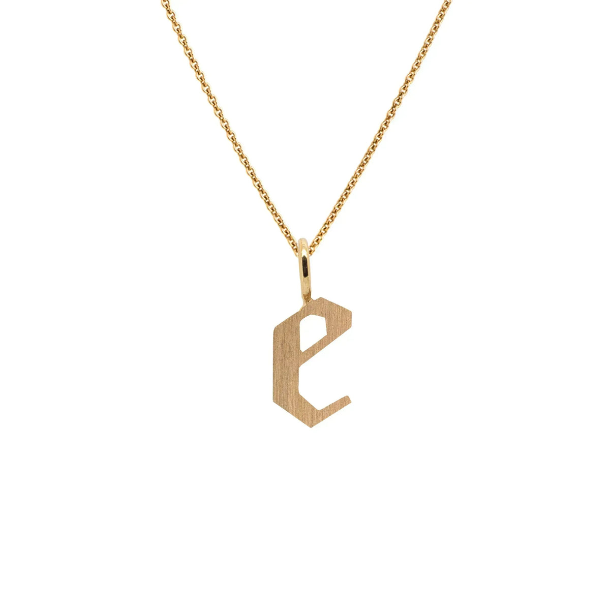 Yellow Gold "e" Small Alphabet Necklace: A 14K gold alphabet pendant with the letter 'e' with a chain