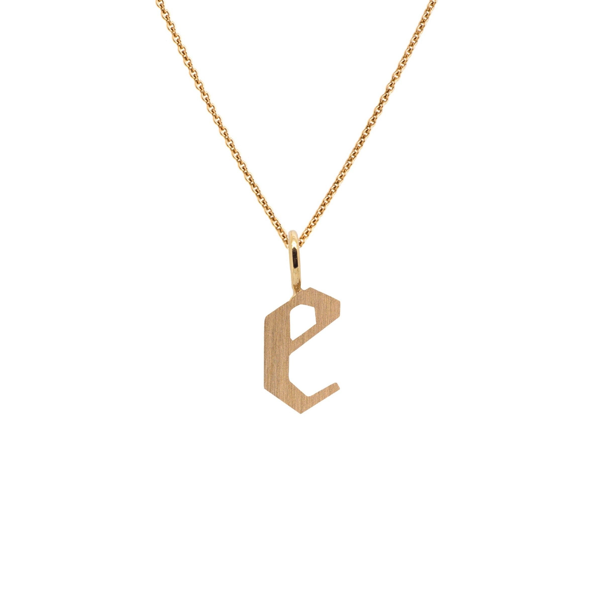 Yellow Gold "e" Small Alphabet Necklace: A 14K gold alphabet pendant with the letter 'e' with a chain