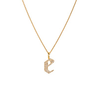 Yellow Gold "e" Small White Diamond Alphabet Necklace: A 14K gold diamond alphabet pendant with the letter 'e' with a chain