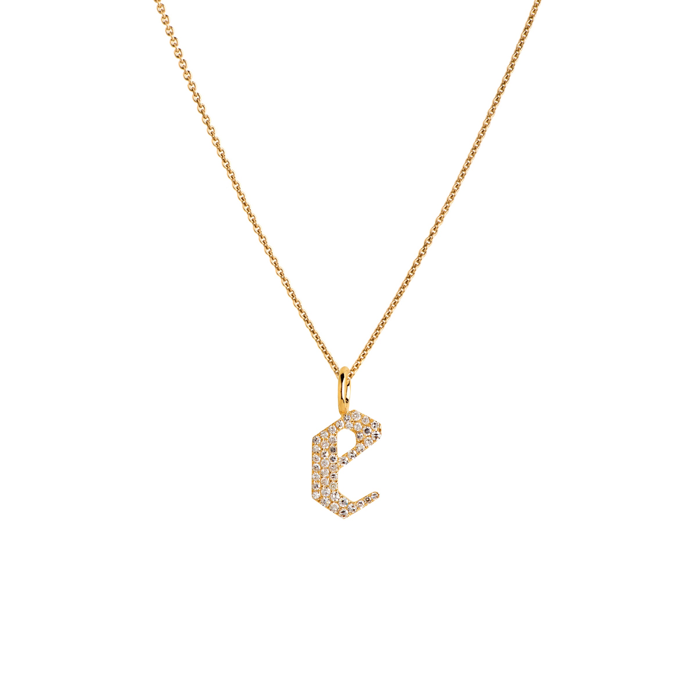 Yellow Gold "e" Small White Diamond Alphabet Necklace: A 14K gold diamond alphabet pendant with the letter 'e' with a chain