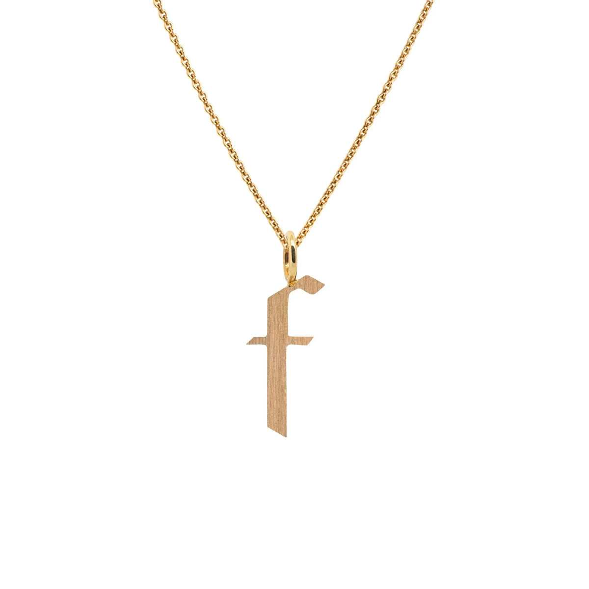 Yellow Gold "f" Small Alphabet Necklace: A 14K gold alphabet pendant with the letter 'f' with a chain
