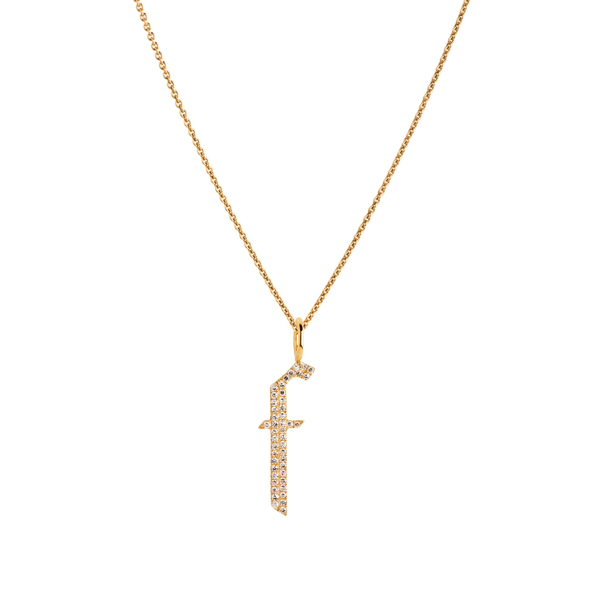 Yellow Gold "f" Small White Diamond Alphabet Necklace: A 14K gold diamond alphabet pendant with the letter 'f' with a chain