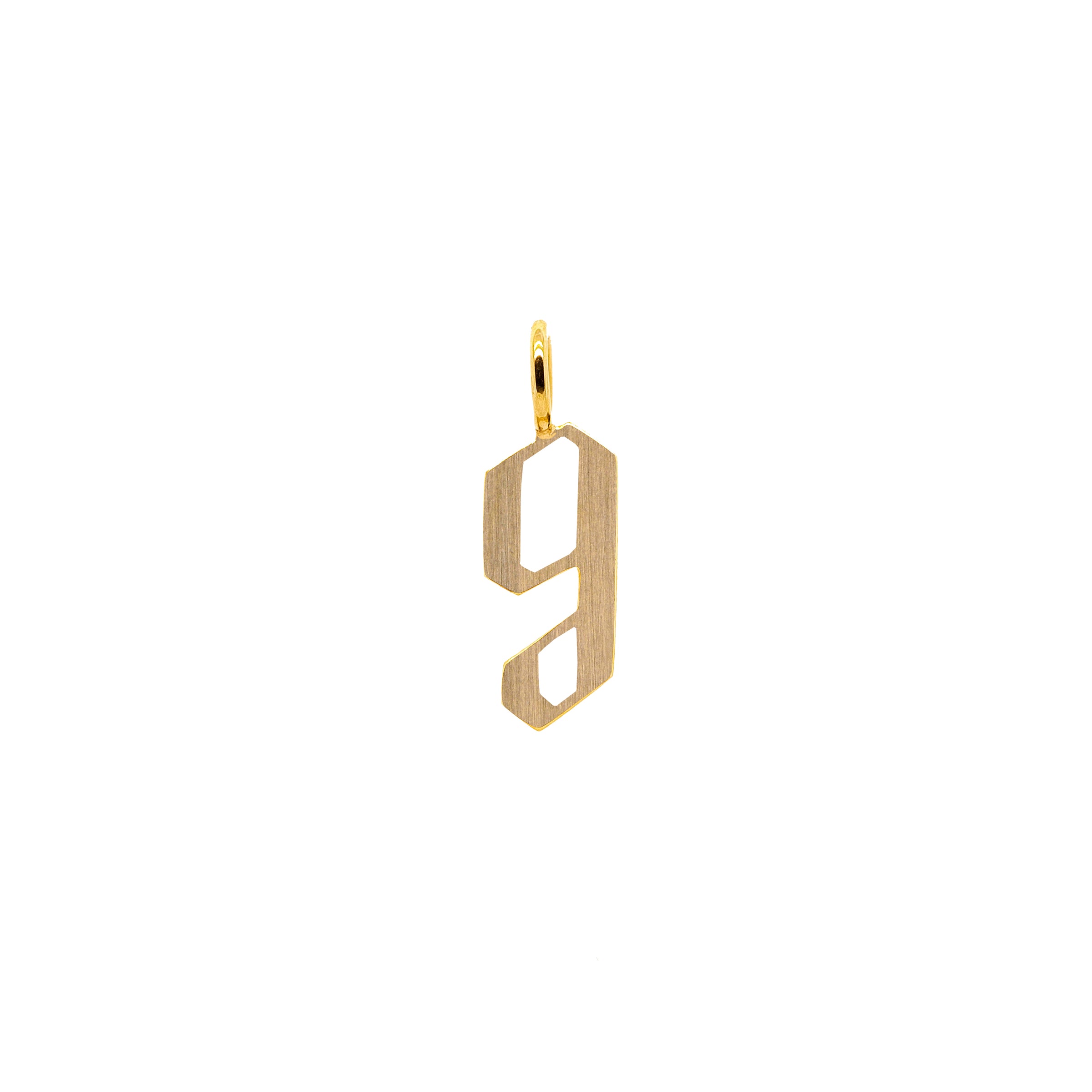 Yellow Gold "g" Small Alphabet Pendant: A 14K gold alphabet pendant with the letter 'g' 