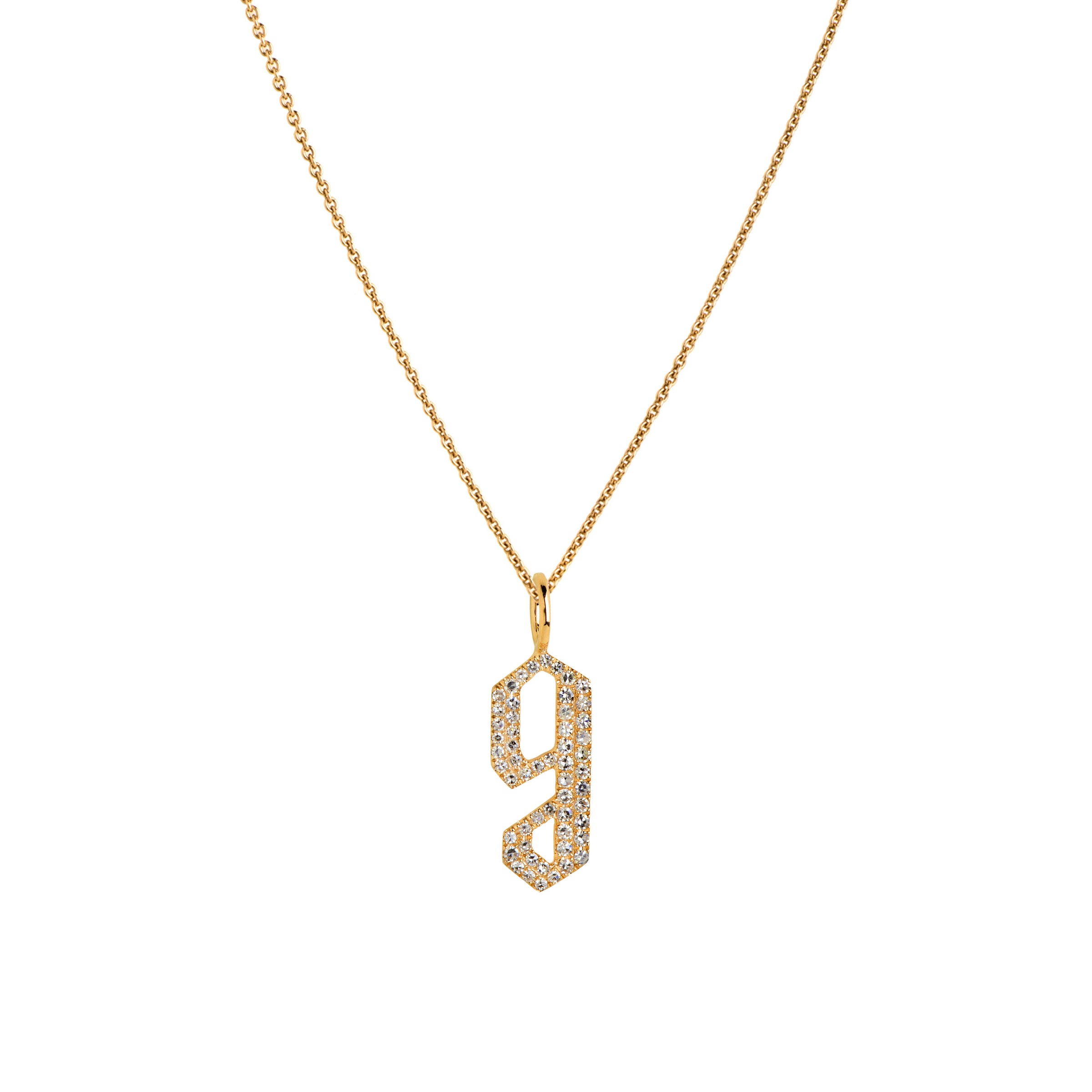 Yellow Gold "g" Small White Diamond Alphabet Necklace: A 14K gold diamond alphabet pendant with the letter 'g' with a chain