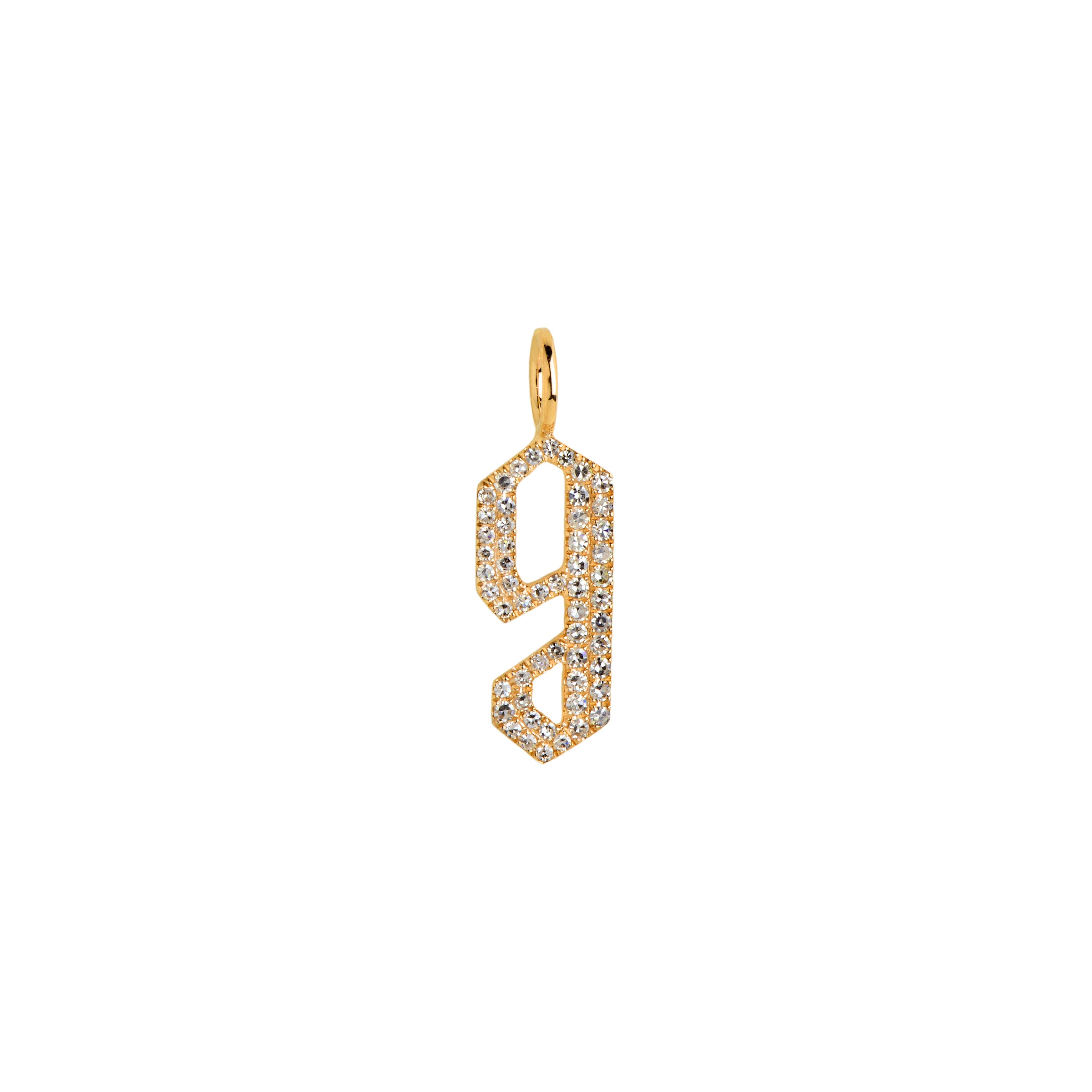 Yellow Gold "g" Small White Diamond Alphabet Pendant: A 14K gold diamond alphabet pendant with the letter 'g' 