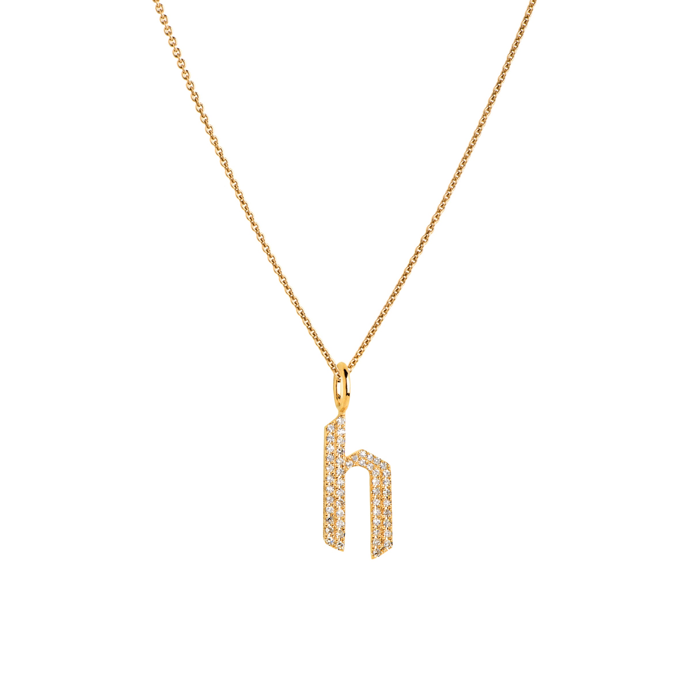 Yellow Gold "h" Small White Diamond Alphabet Necklace: A 14K gold diamond alphabet pendant with the letter 'h' with a chain