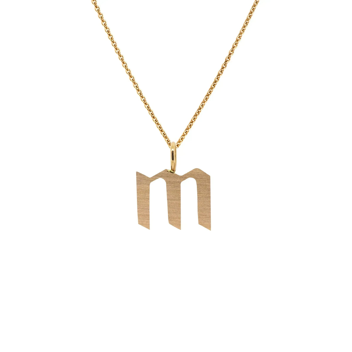 Yellow Gold "m" Small Alphabet Necklace: A 14K gold alphabet pendant with the letter 'm' with a chain