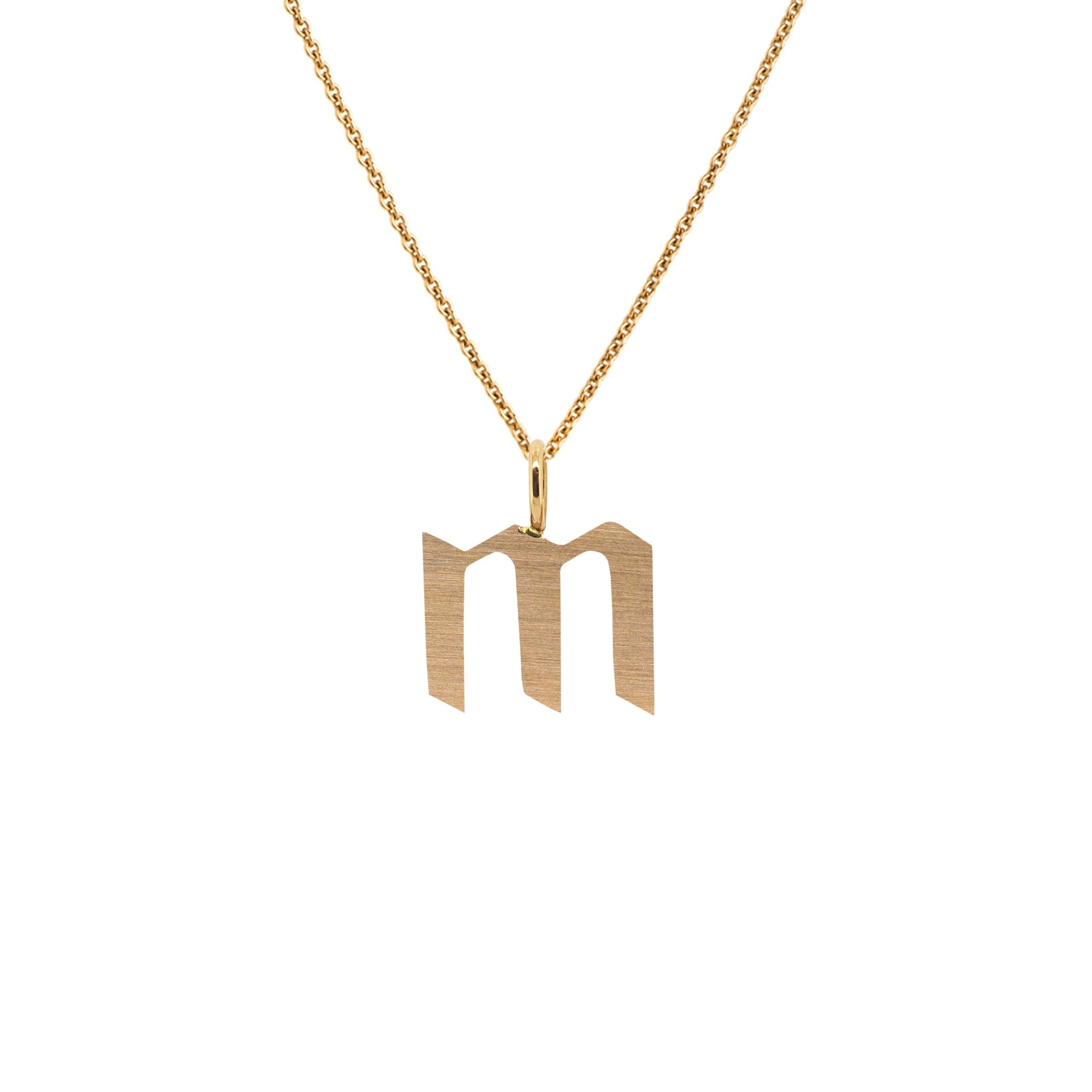 Yellow Gold "m" Small Alphabet Necklace: A 14K gold alphabet pendant with the letter 'm' with a chain