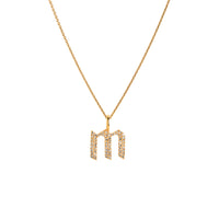 Yellow Gold "m" Small White Diamond Alphabet Necklace: A 14K gold diamond alphabet pendant with the letter 'm' with a chain