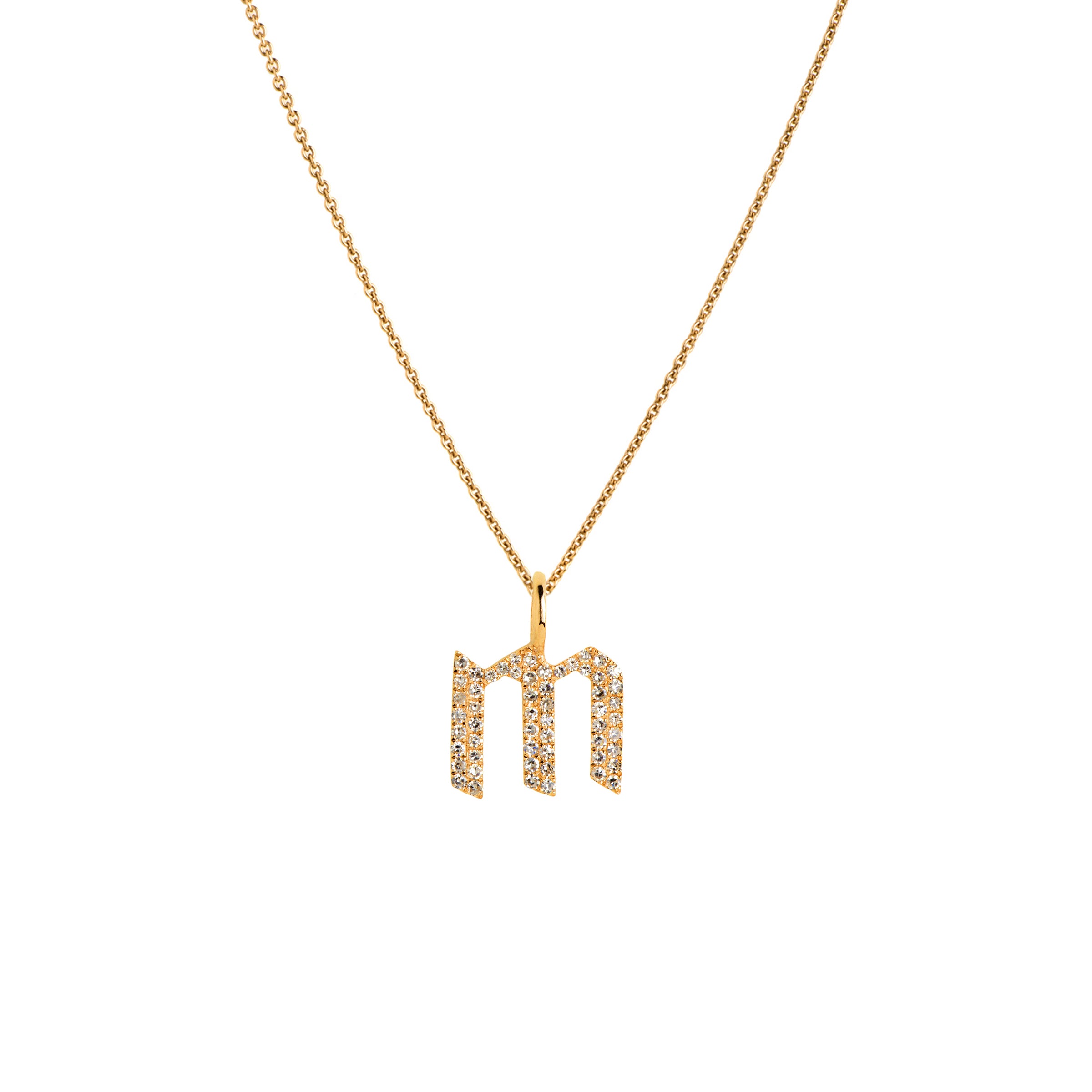 Yellow Gold "m" Small White Diamond Alphabet Necklace: A 14K gold diamond alphabet pendant with the letter 'm' with a chain