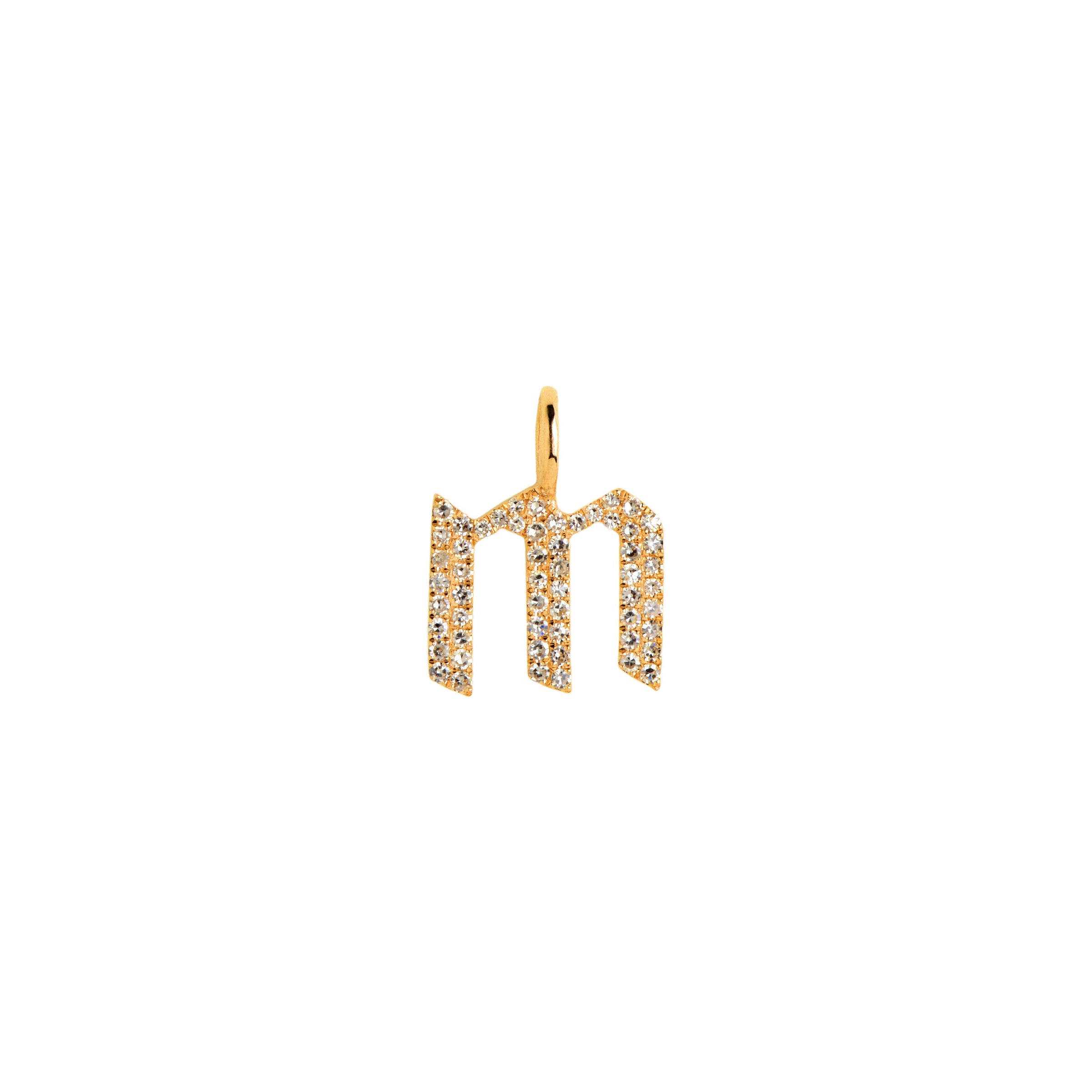 Yellow Gold "m" Small White Diamond Alphabet Pendant: A 14K gold diamond alphabet pendant with the letter 'm' 