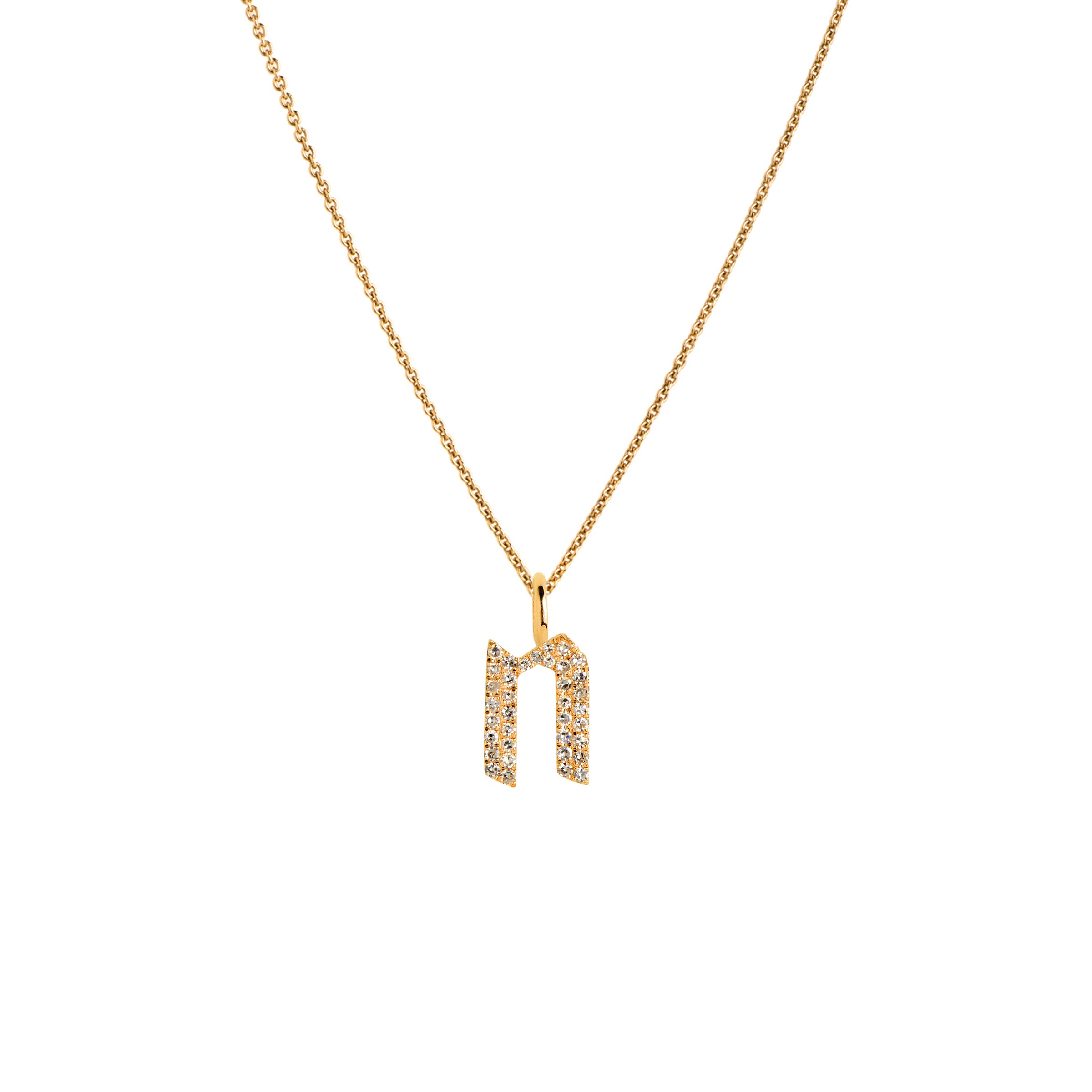 Yellow Gold "n" Small White Diamond Alphabet Necklace: A 14K gold diamond alphabet pendant with the letter 'n' with a chain