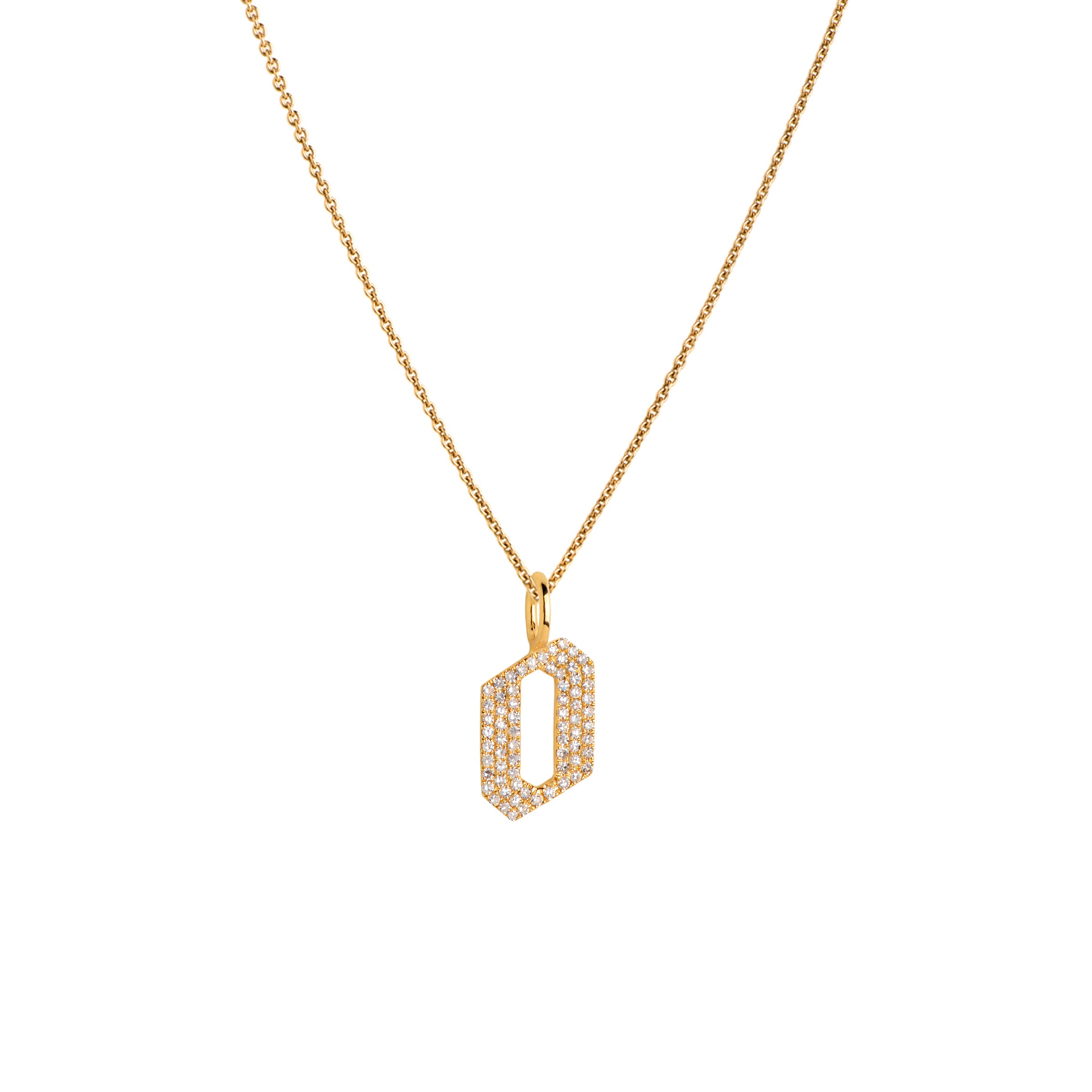Yellow Gold "o" Small White Diamond Alphabet Necklace: A 14K gold diamond alphabet pendant with the letter 'o' with a chain