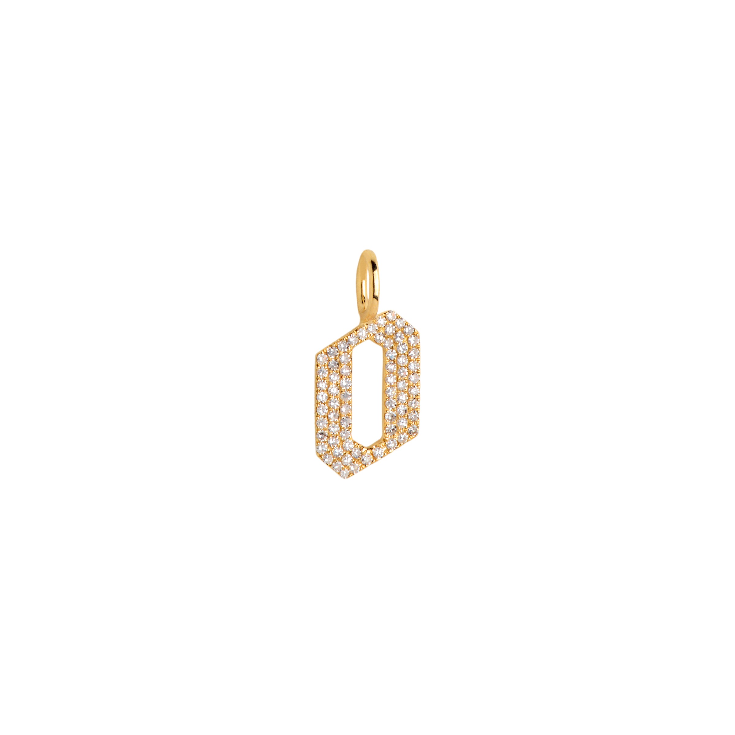 Yellow Gold "o" Small White Diamond Alphabet Pendant: A 14K gold diamond alphabet pendant with the letter 'o' 