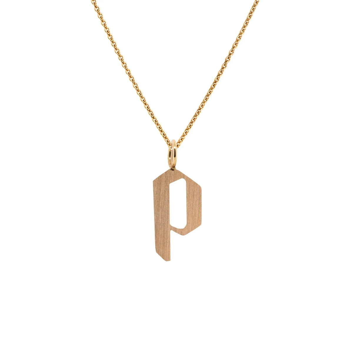 Yellow Gold "p" Small Alphabet Necklace: A 14K gold alphabet pendant with the letter 'p' with a chain