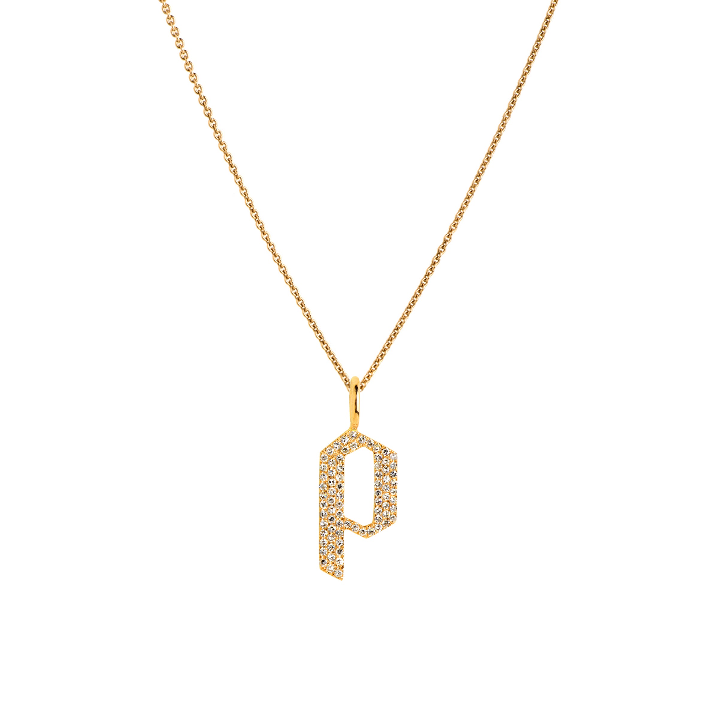 Yellow Gold "p" Small White Diamond Alphabet Necklace: A 14K gold diamond alphabet pendant with the letter 'p' with a chain