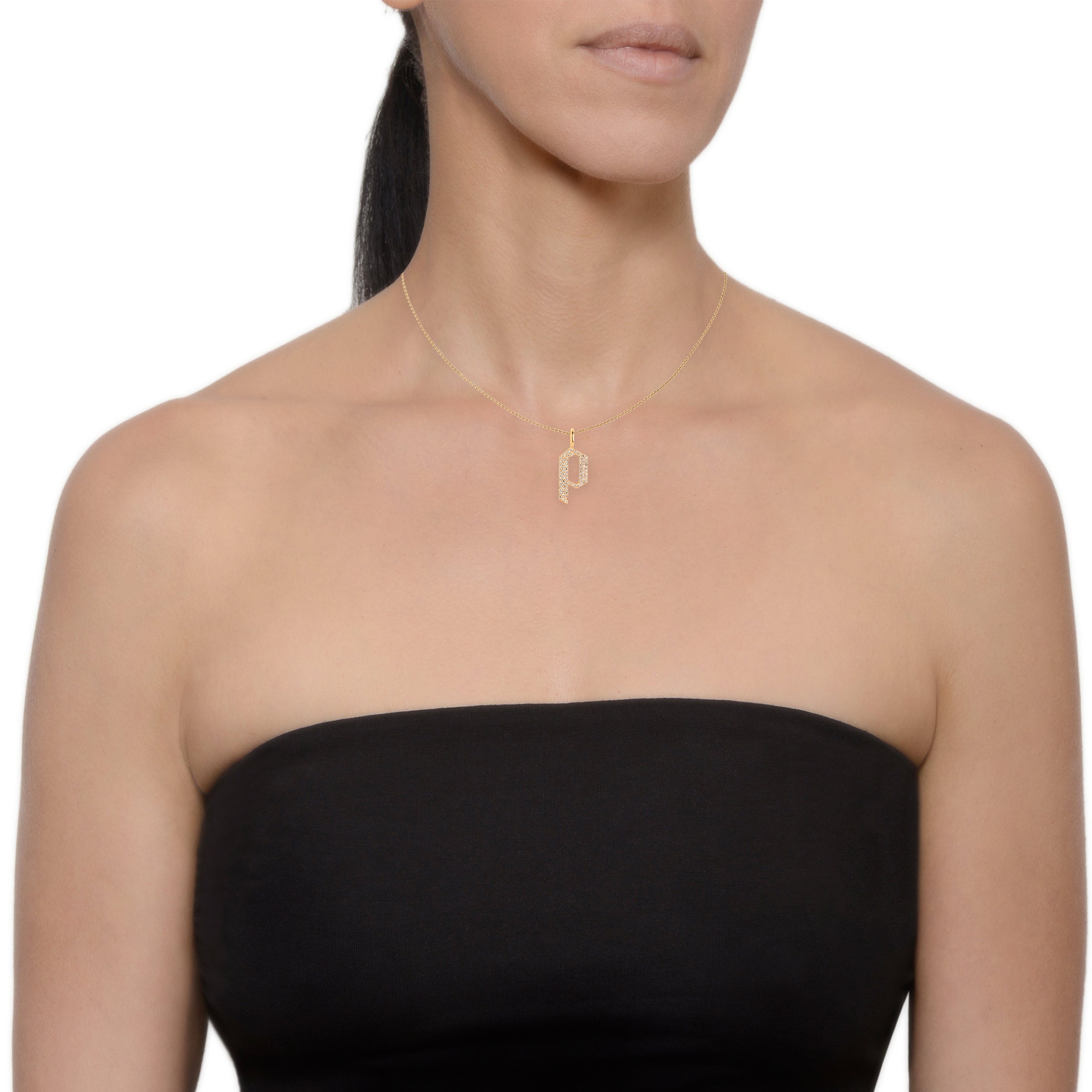 Yellow Gold "p" Small White Diamond Alphabet Necklace on a model
