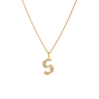 Yellow Gold "s" Small White Diamond Alphabet Necklace: A 14K gold diamond alphabet pendant with the letter 's' with a chain