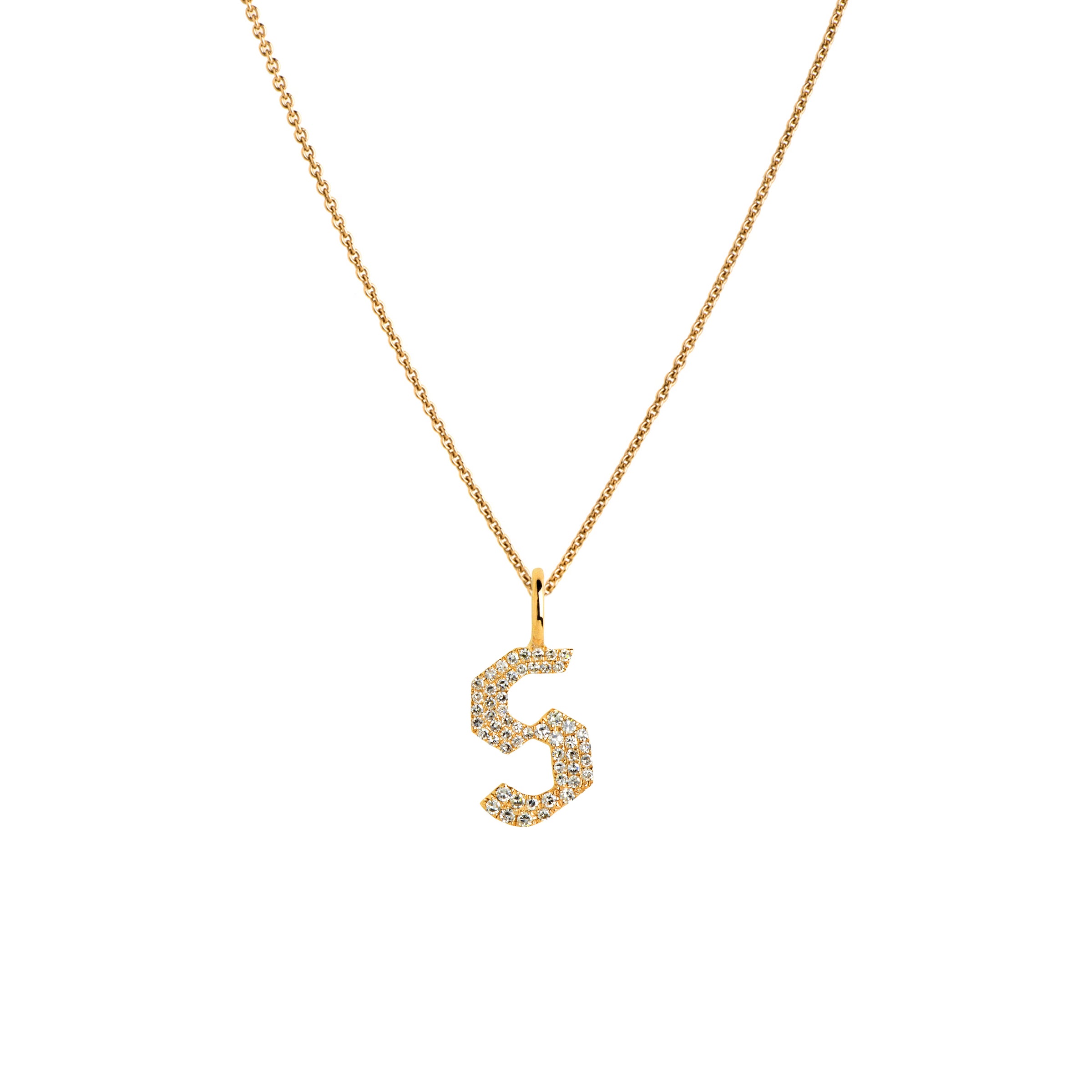 Yellow Gold "s" Small White Diamond Alphabet Necklace: A 14K gold diamond alphabet pendant with the letter 's' with a chain