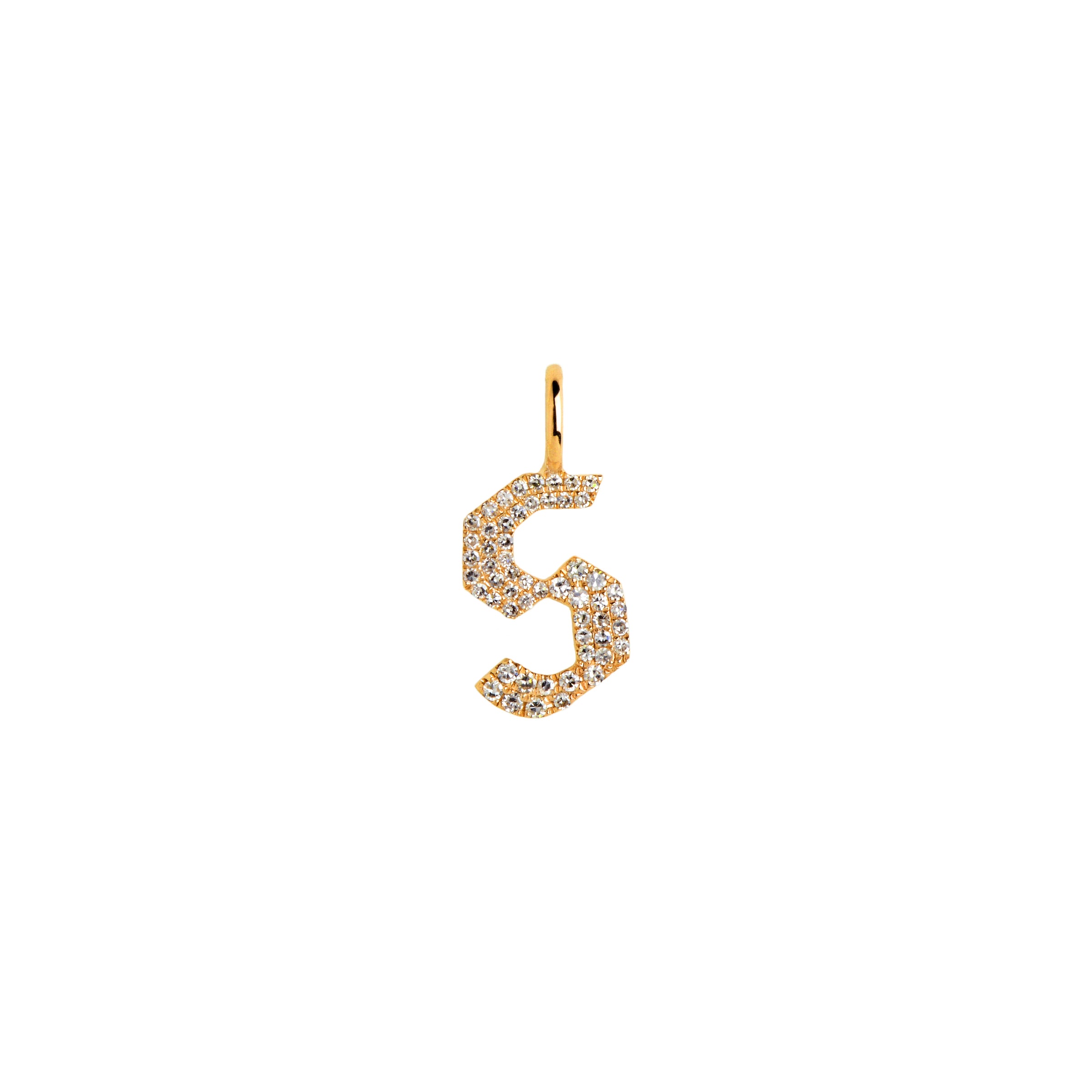 Yellow Gold "s" Small White Diamond Alphabet Pendant: A 14K gold diamond alphabet pendant with the letter 's'