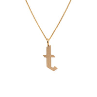 Yellow Gold "t" Small Alphabet Necklace: A 14K gold alphabet pendant with the letter 't' with a chain