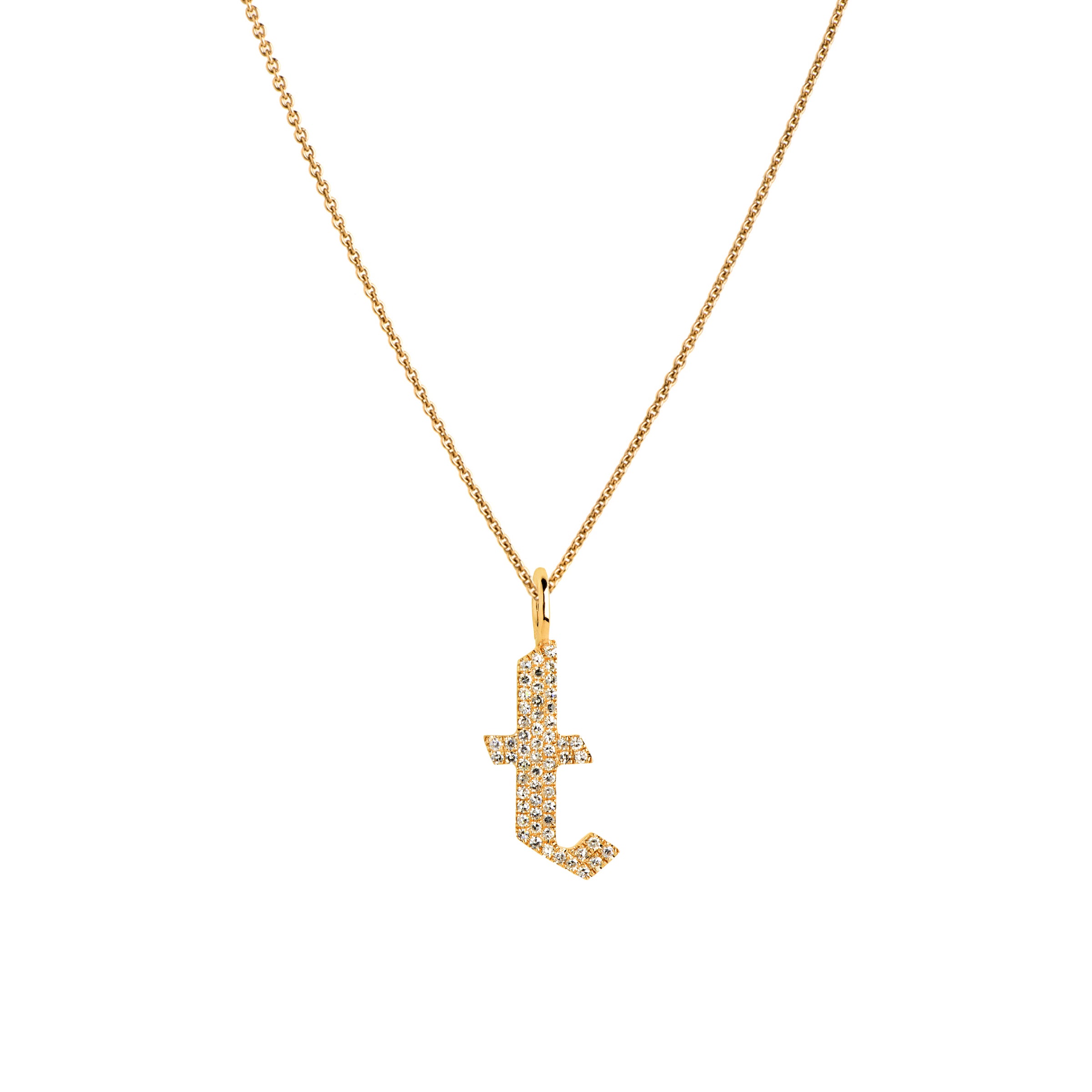 Yellow Gold "t" Small White Diamond Alphabet Necklace: A 14K gold diamond alphabet pendant with the letter 't' with a chain