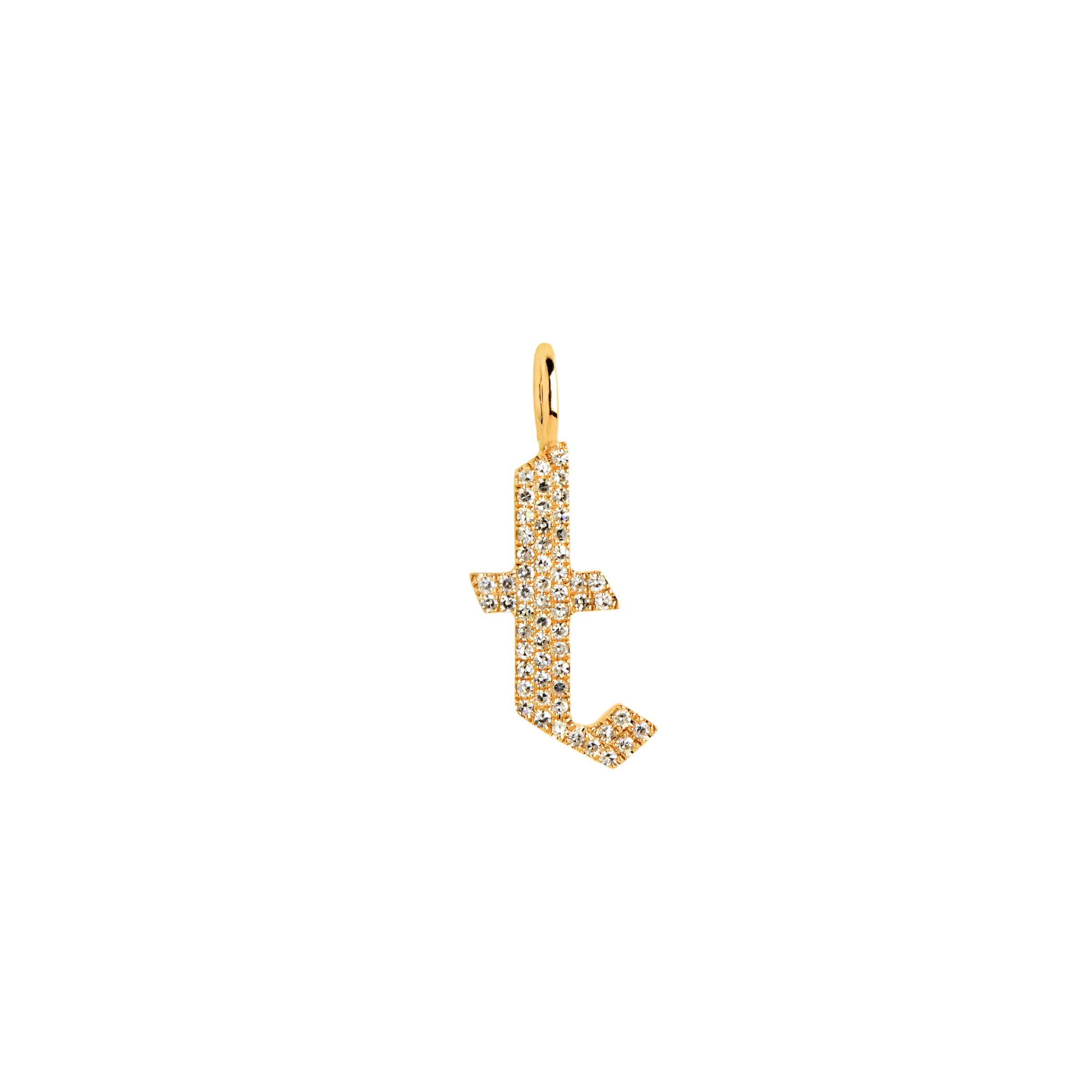 Yellow Gold "t" Small White Diamond Alphabet Pendant: A 14K gold diamond alphabet pendant with the letter 't'
