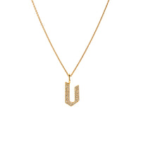 Yellow Gold "v" Small White Diamond Alphabet Necklace: A 14K gold diamond alphabet pendant with the letter 'v' with a chain