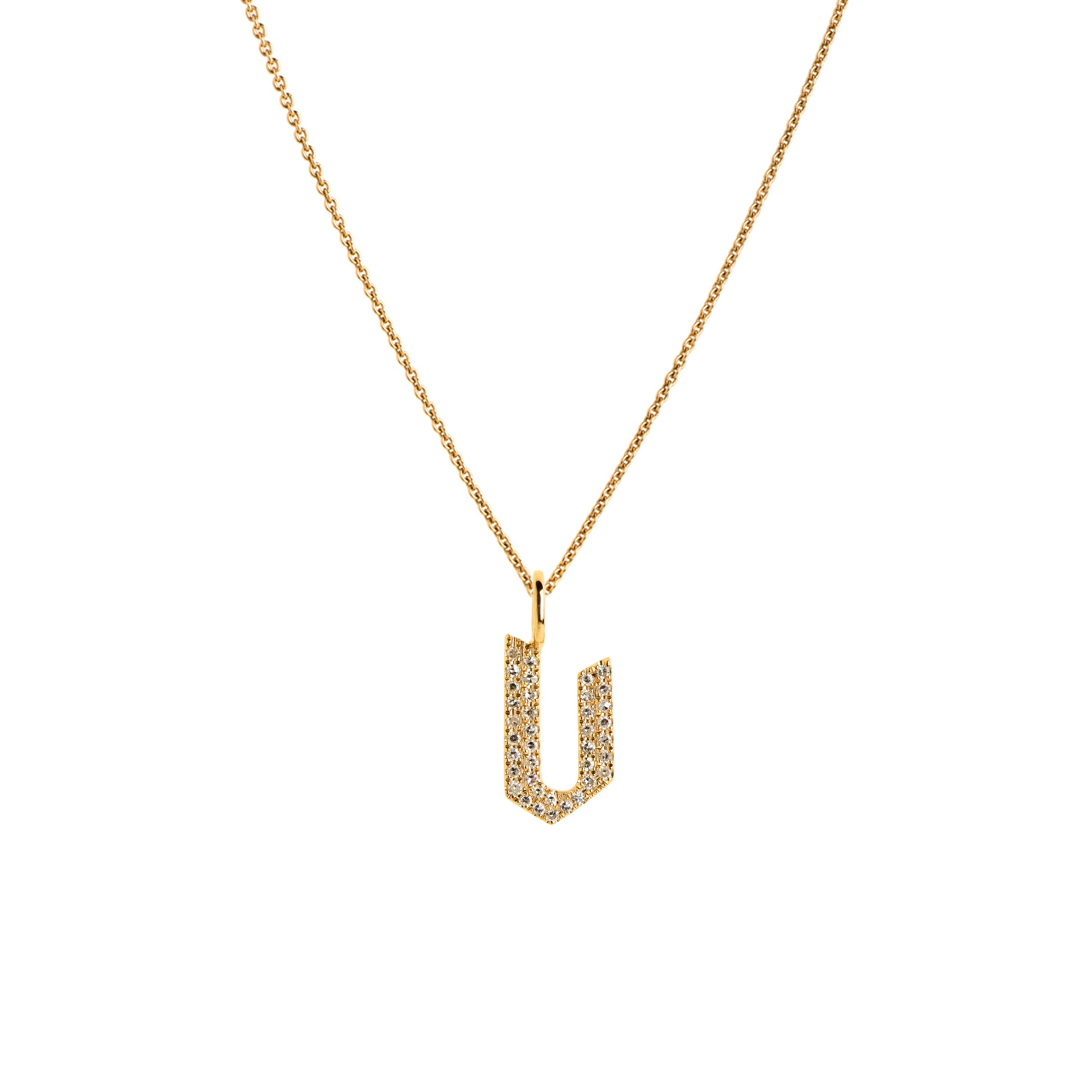 Yellow Gold "v" Small White Diamond Alphabet Necklace: A 14K gold diamond alphabet pendant with the letter 'v' with a chain