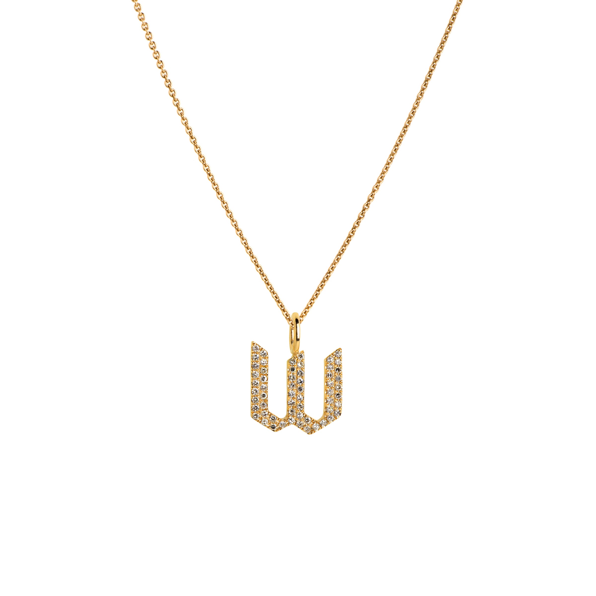 Yellow Gold "w" Small White Diamond Alphabet Necklace: A 14K gold diamond alphabet pendant with the letter 'w' with a chain