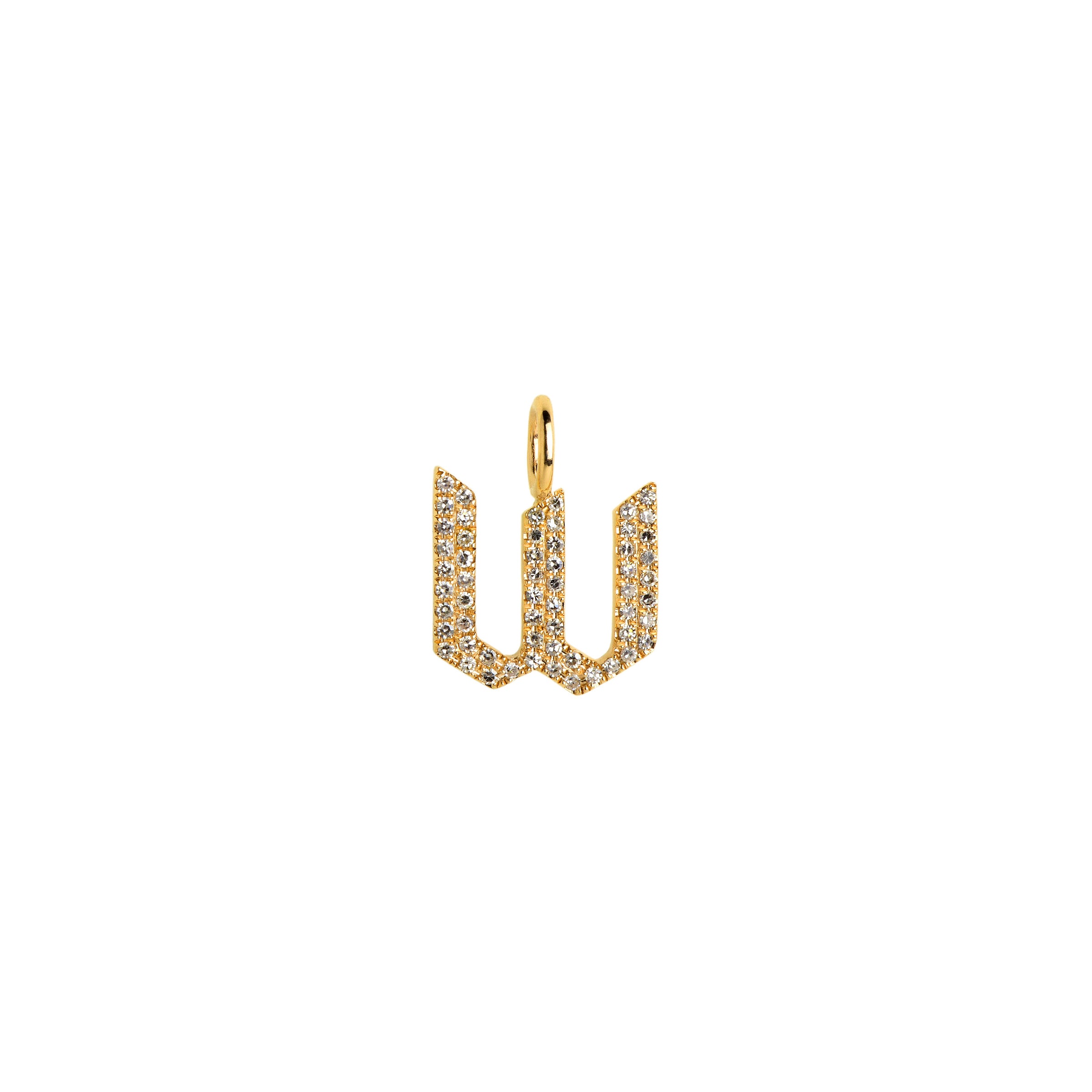 Yellow Gold "w" Small White Diamond Alphabet Pendant: A 14K gold diamond alphabet pendant with the letter 'w' 