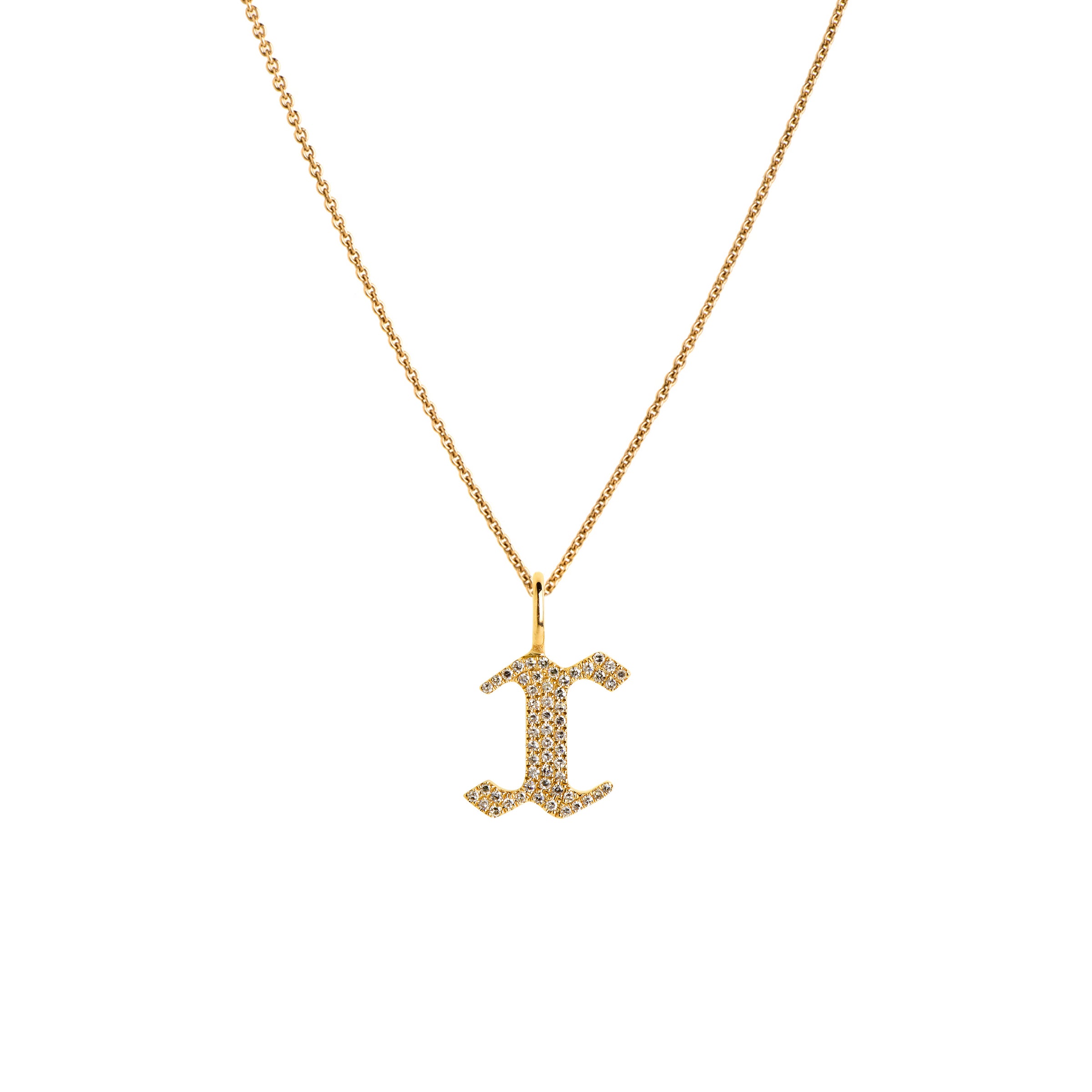Yellow Gold "x" Small White Diamond Alphabet Necklace: A 14K gold diamond alphabet pendant with the letter 'x' with a chain