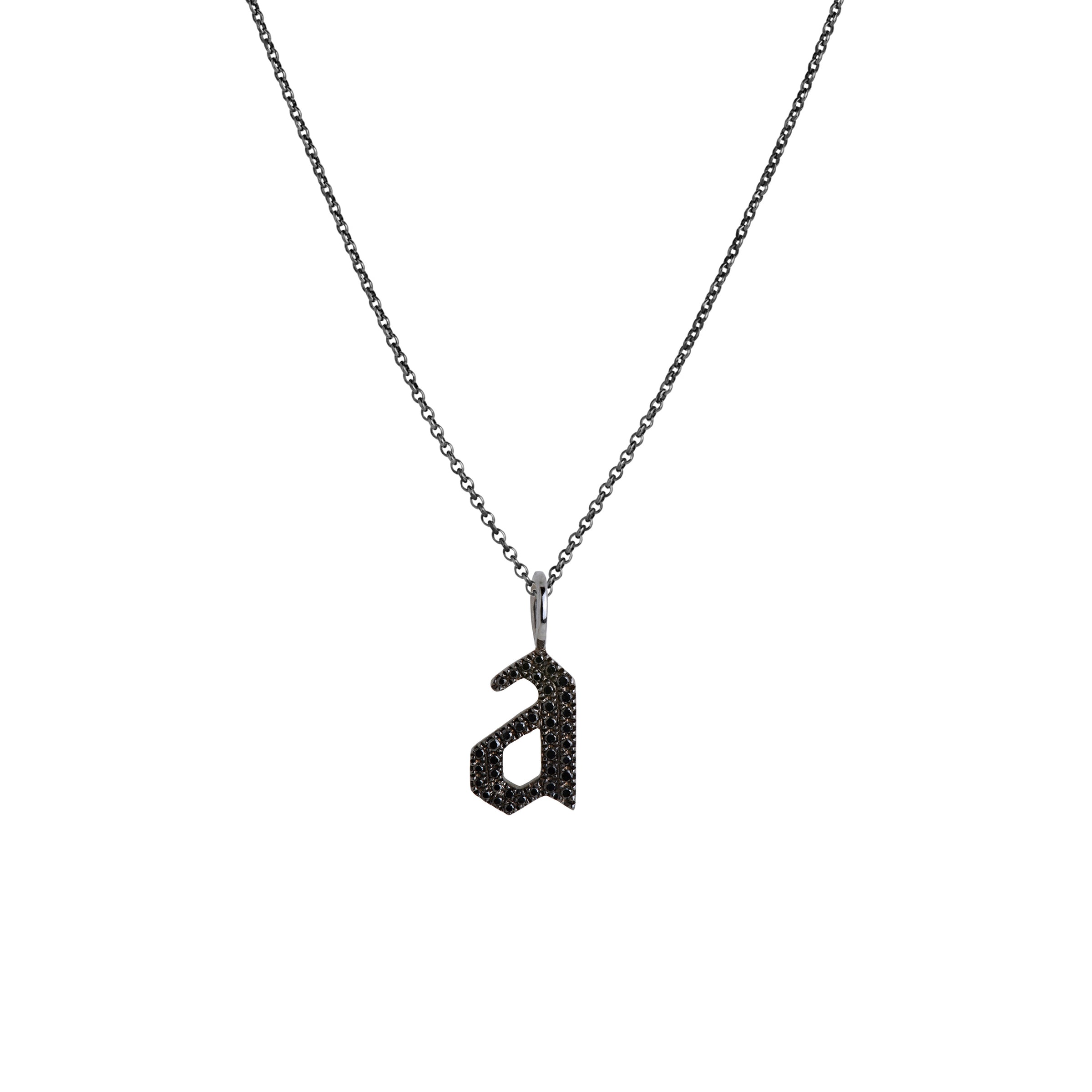 "a" Small Black Diamond Alphabet Necklace: A black gold diamond alphabet pendant with the letter 'a' with a chain