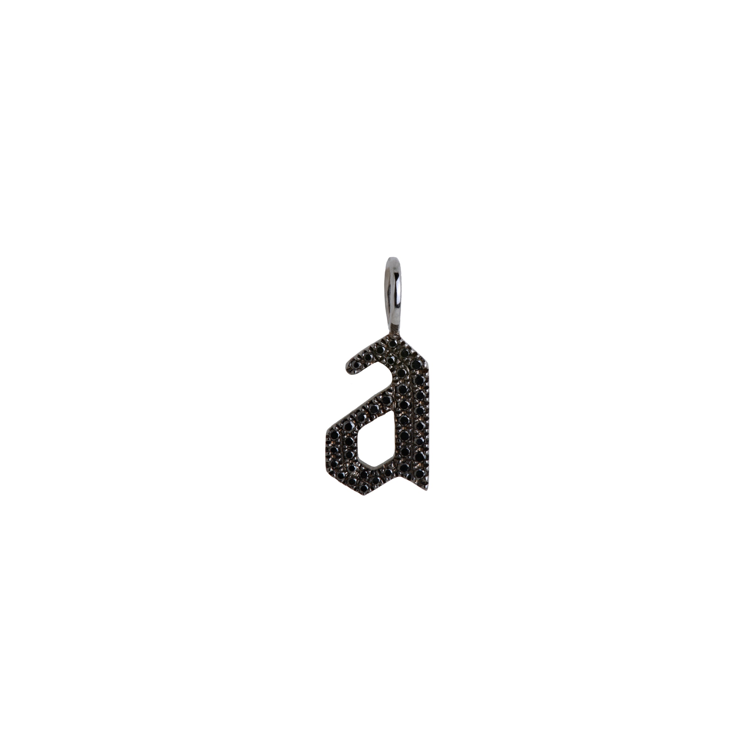 "a" Small Black Diamond Alphabet Pendant: A black gold diamond alphabet pendant with the letter 'a' with a chain