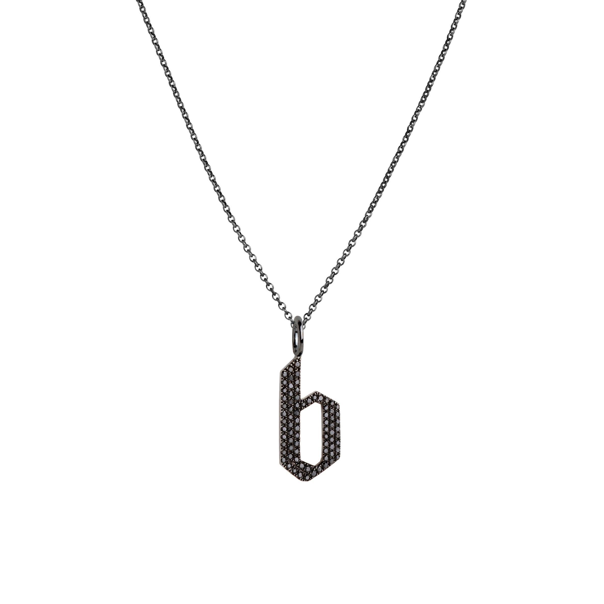 "b" Small Black Diamond Alphabet Necklace: A black gold diamond alphabet pendant with the letter 'b' with a chain