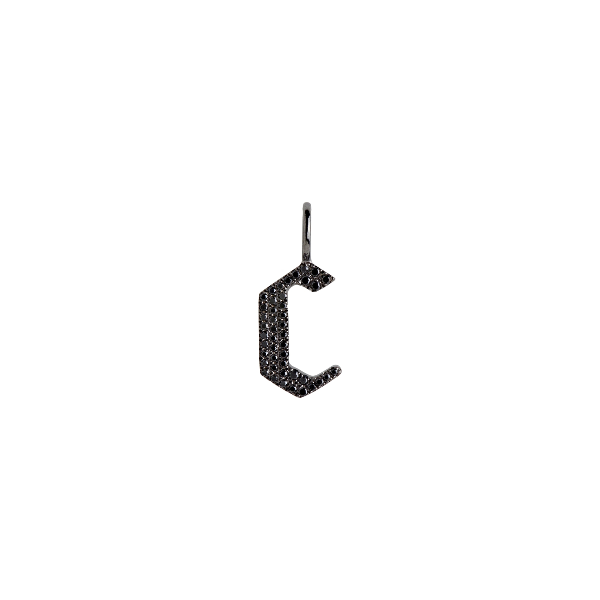 "c" Small Black Diamond Alphabet Pendant: A black gold diamond alphabet pendant with the letter 'c' with a chain