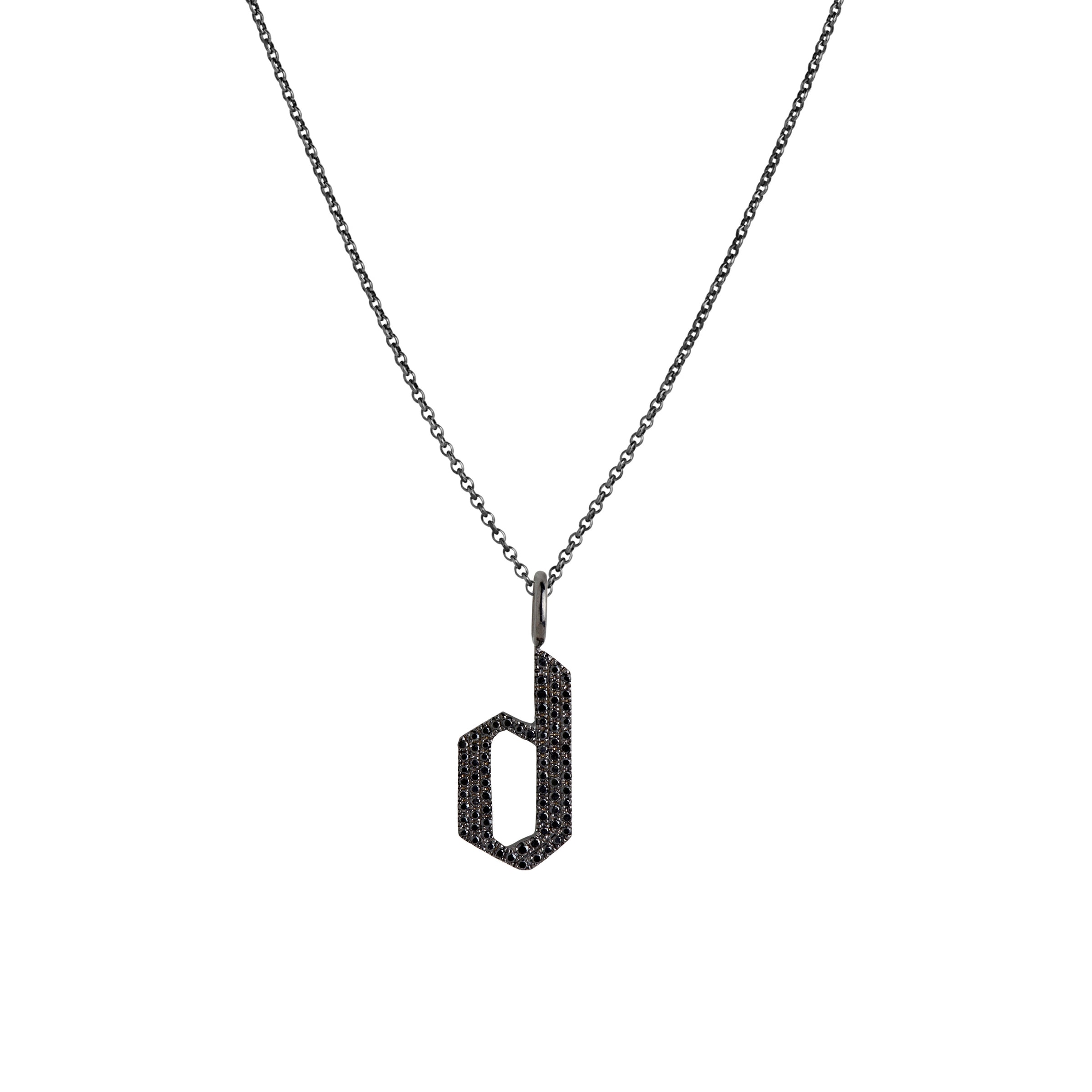"d" Small Black Diamond Alphabet Necklace: A black gold diamond alphabet pendant with the letter 'd' with a chain