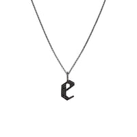 "e" Small Black Diamond Alphabet Necklace: A black gold diamond alphabet pendant with the letter 'e' with a chain
