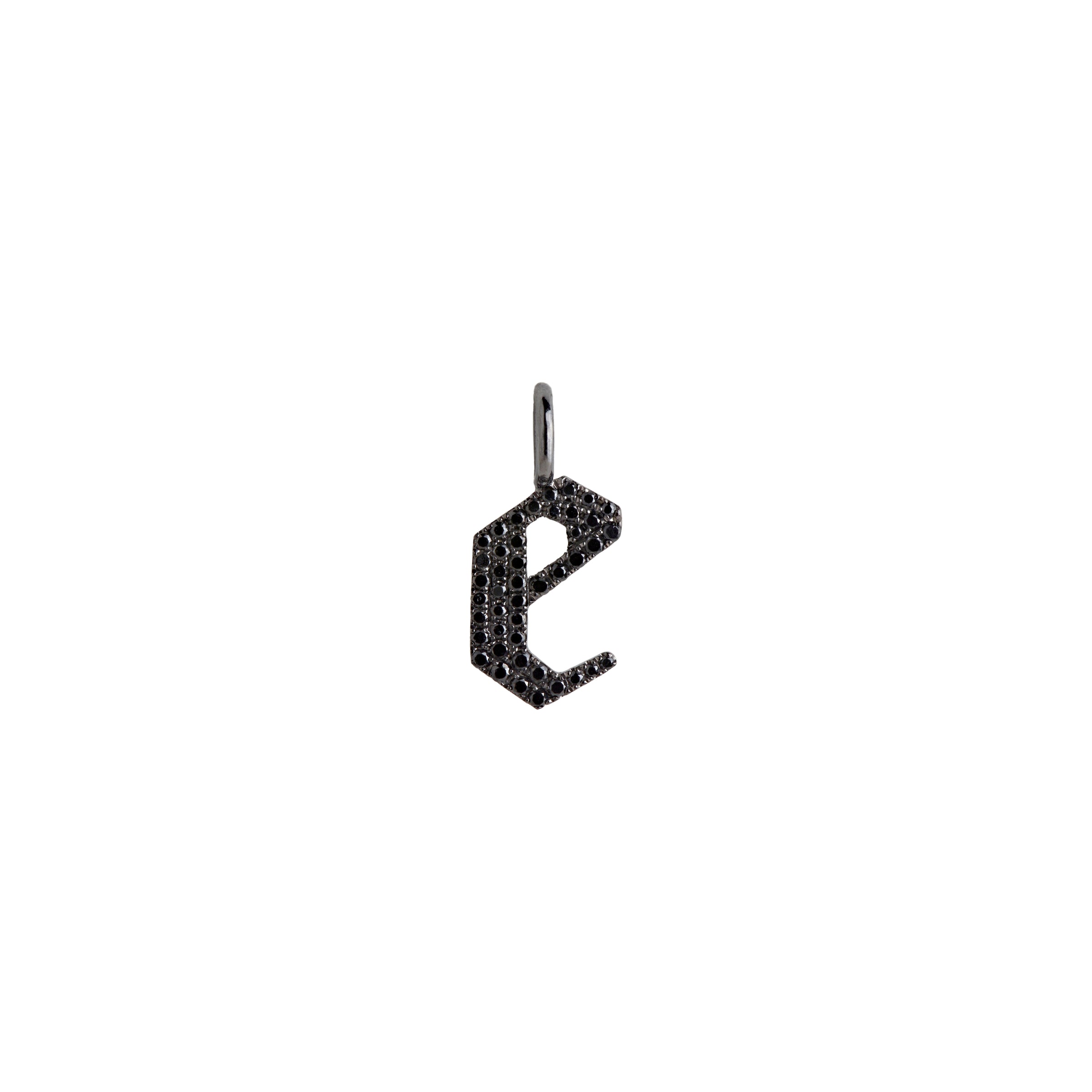"e" Small Black Diamond Alphabet Pendant: A black gold diamond alphabet pendant with the letter 'e' with a chain