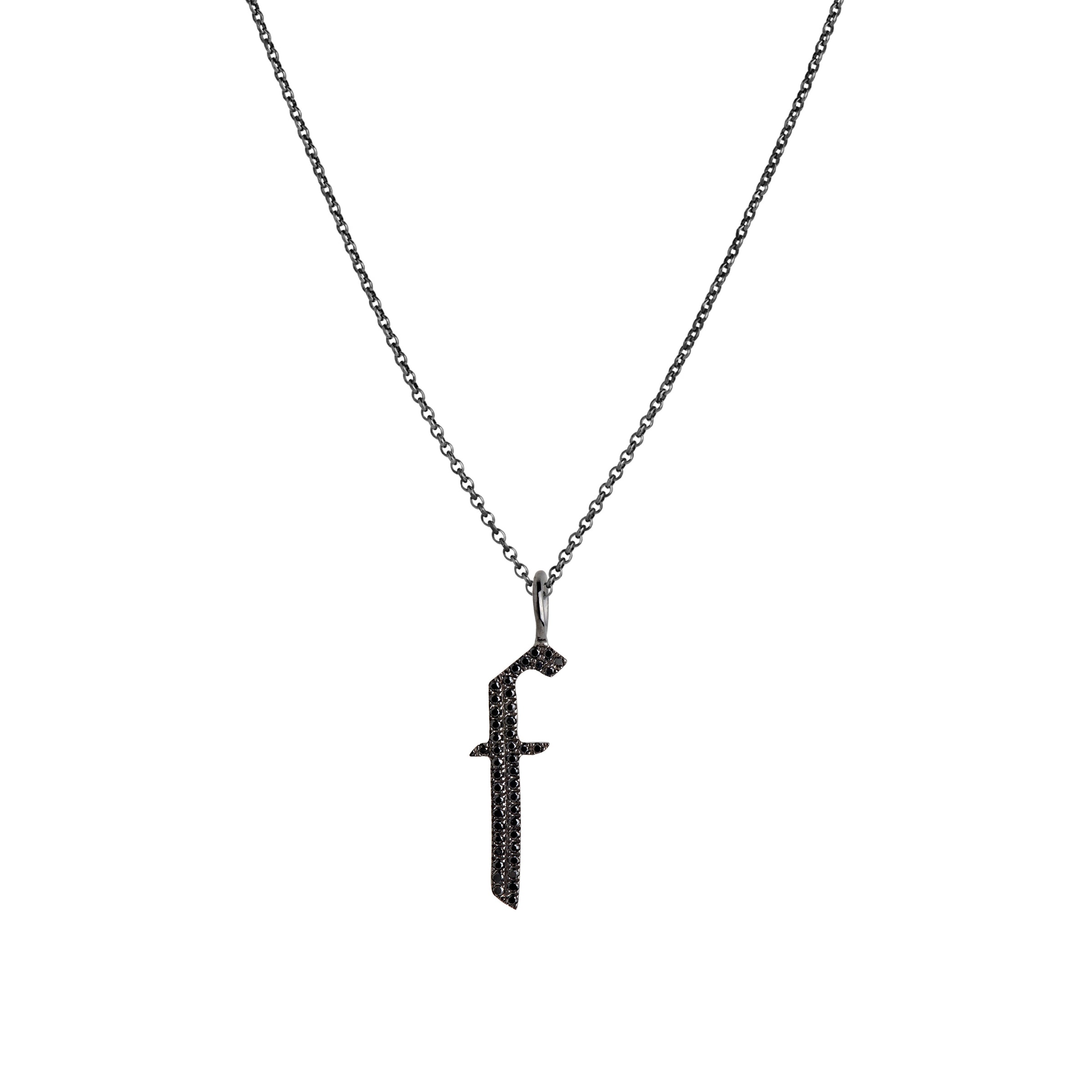 "f" Large Black Diamond Alphabet Necklace: A black gold diamond alphabet pendant with the letter 'f' with a chain