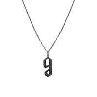 "g" Small Black Diamond Alphabet Necklace: A black gold diamond alphabet pendant with the letter 'g' with a chain