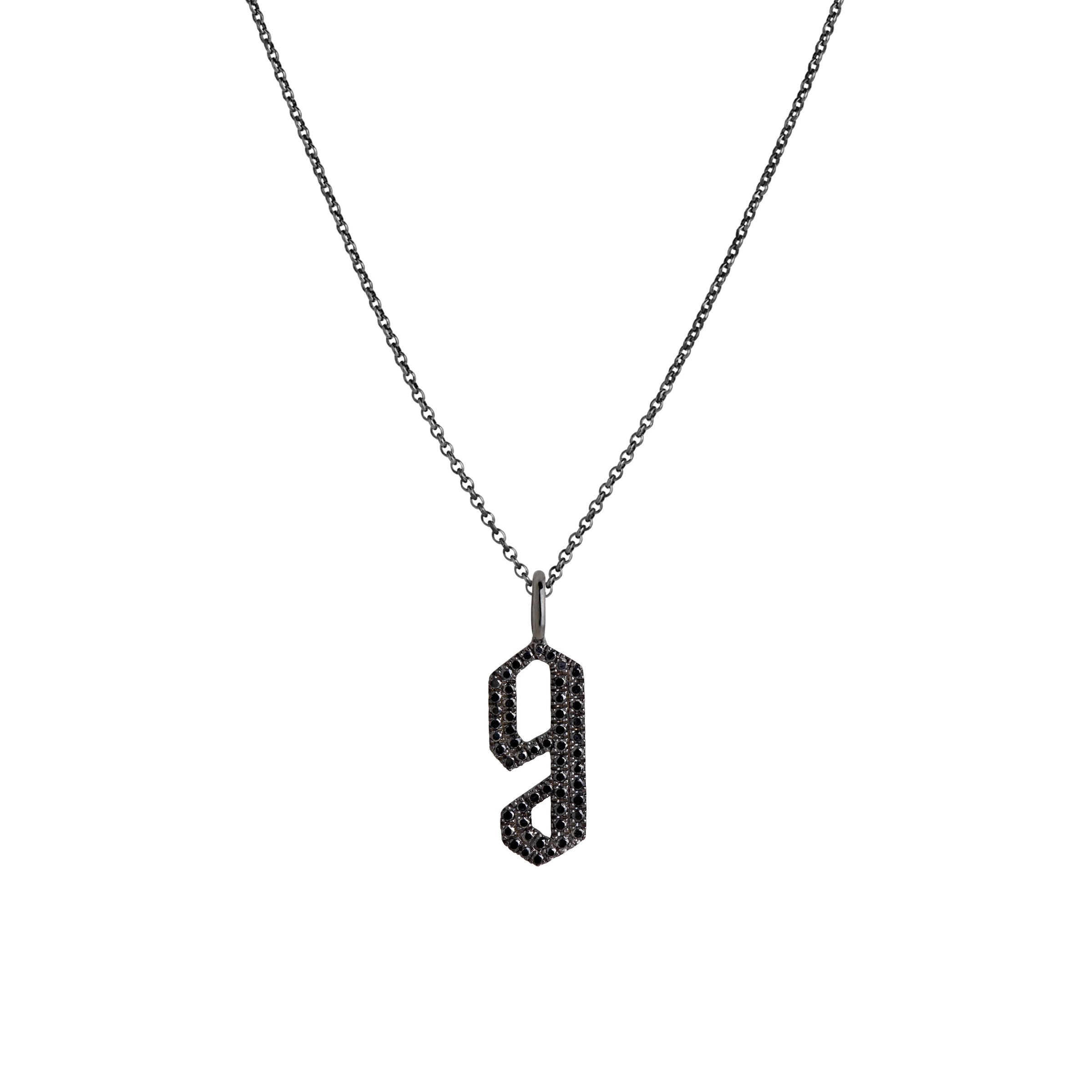 "g" Small Black Diamond Alphabet Necklace: A black gold diamond alphabet pendant with the letter 'g' with a chain