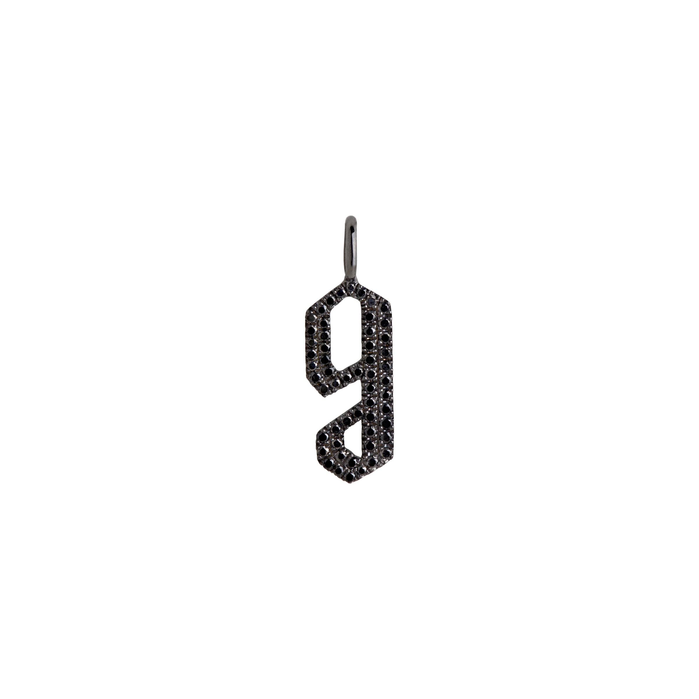 "g" Small Black Diamond Alphabet Pendant: A black gold diamond alphabet pendant with the letter 'g' with a chain