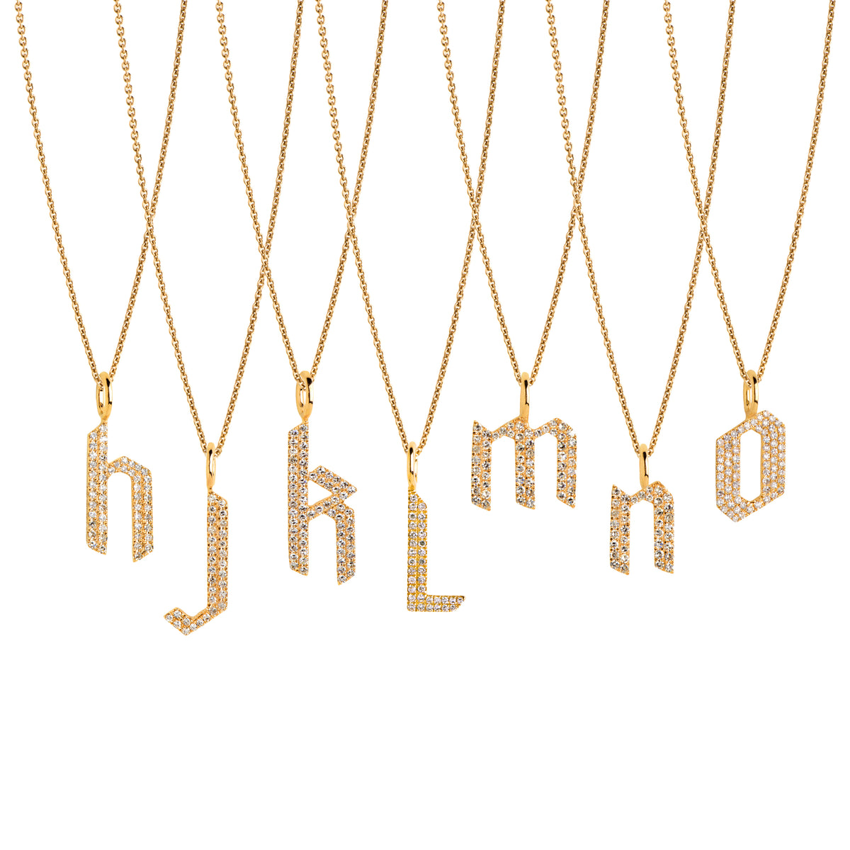 h -o Small White Diamond Alphabet Necklaces: A series of 14K gold necklaces with white diamond letters, adjustable in length and featuring a lobster clasp fastening.